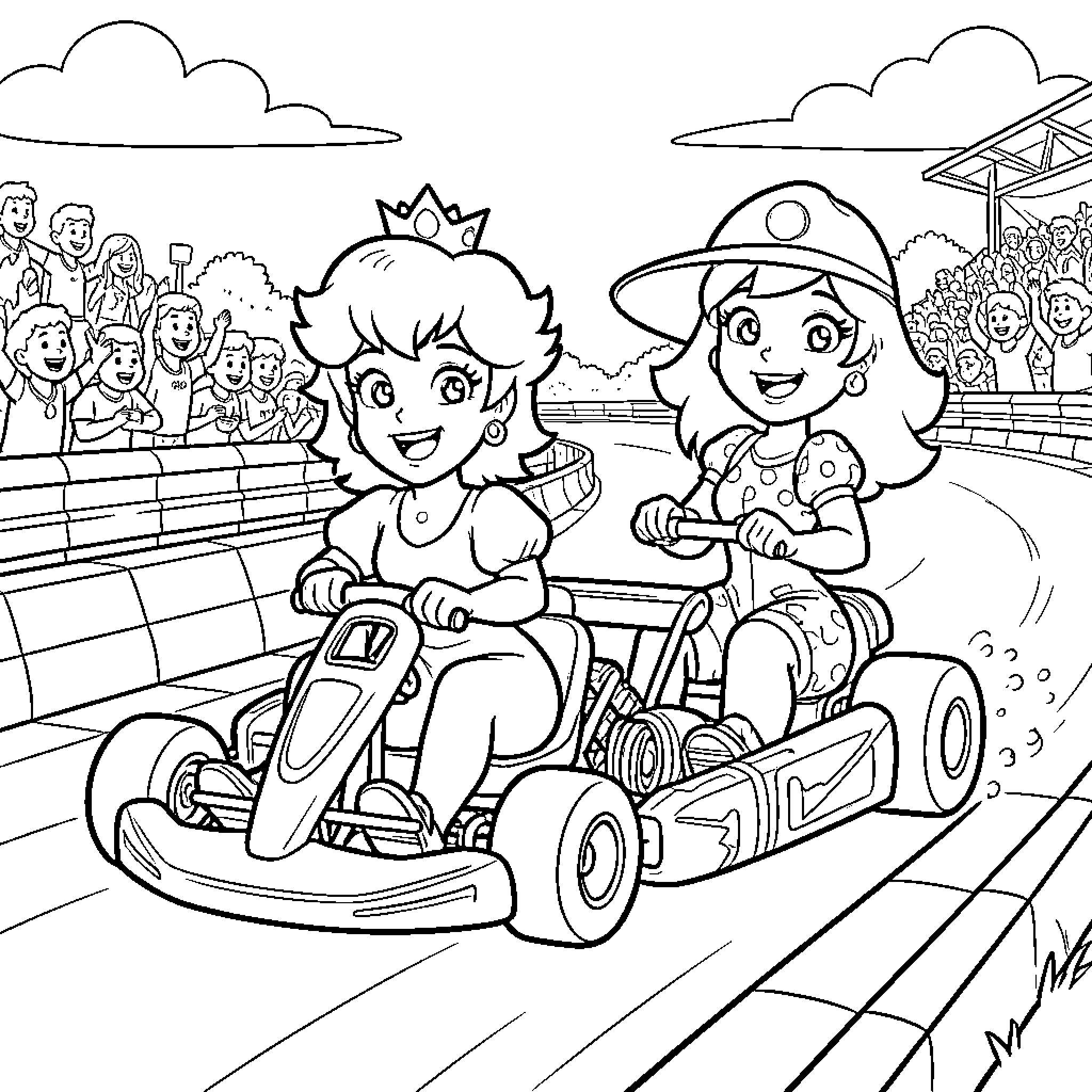 Princess Peach racing in a go-kart with Daisy Coloring Page (free black-and-white line drawing printable PDF for all, from beginners to advanced learners, including children, teens, adults, and seniors)