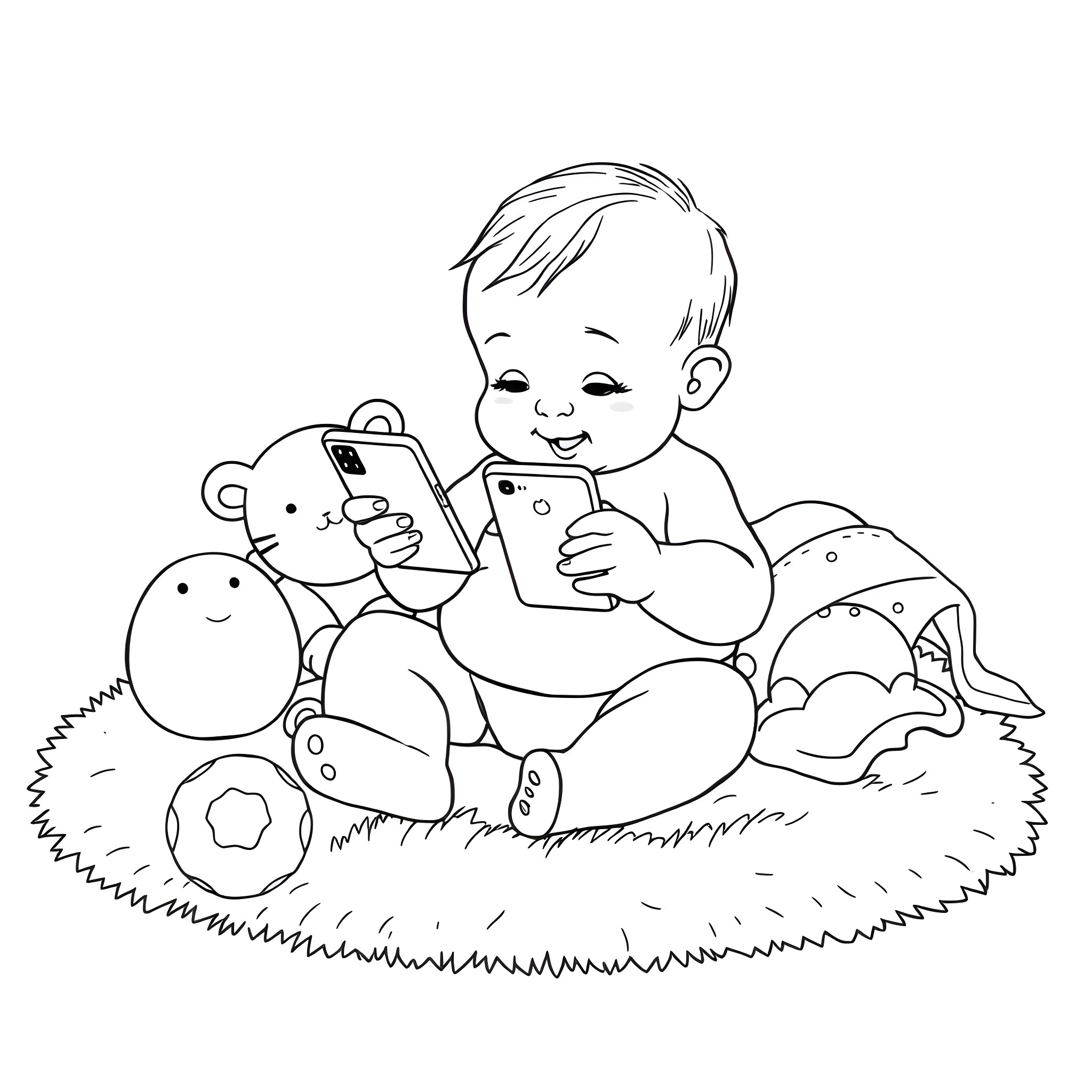 Baby playing happily with toys on the floor Coloring Page (free black-and-white line drawing printable PDF for all, from beginners to advanced learners, including children, teens, adults, and seniors)
