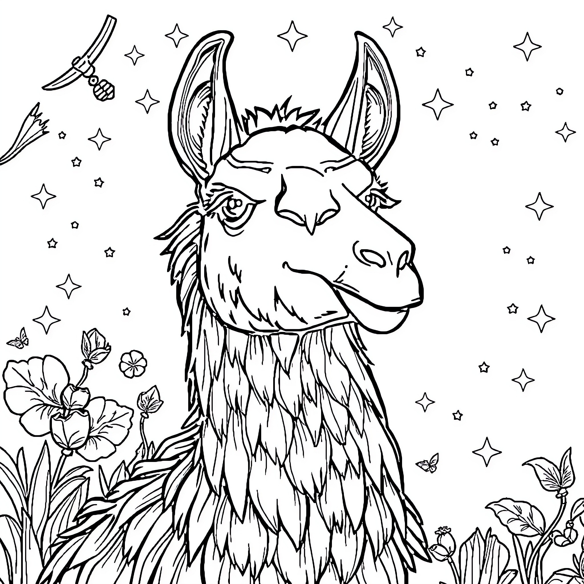 Bir Magical Llama in Starry Meadow Coloring Page (free black-and-white line drawing printable PDF for all, from beginners to advanced learners, including children, teens, adults, and seniors)