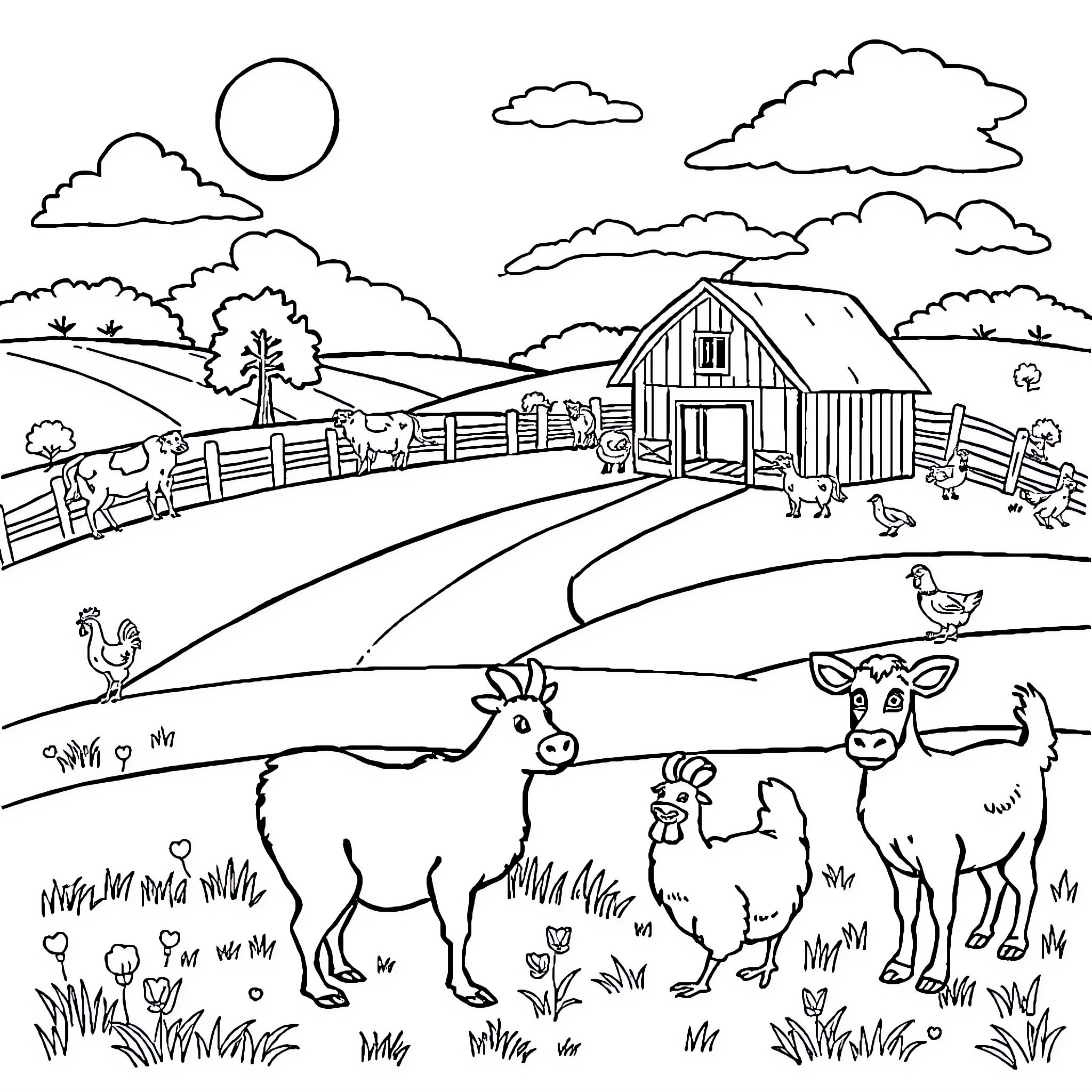 Farm Animal Fun on the Countryside Coloring Page (free black-and-white line drawing printable PDF for all, from beginners to advanced learners, including children, teens, adults, and seniors)