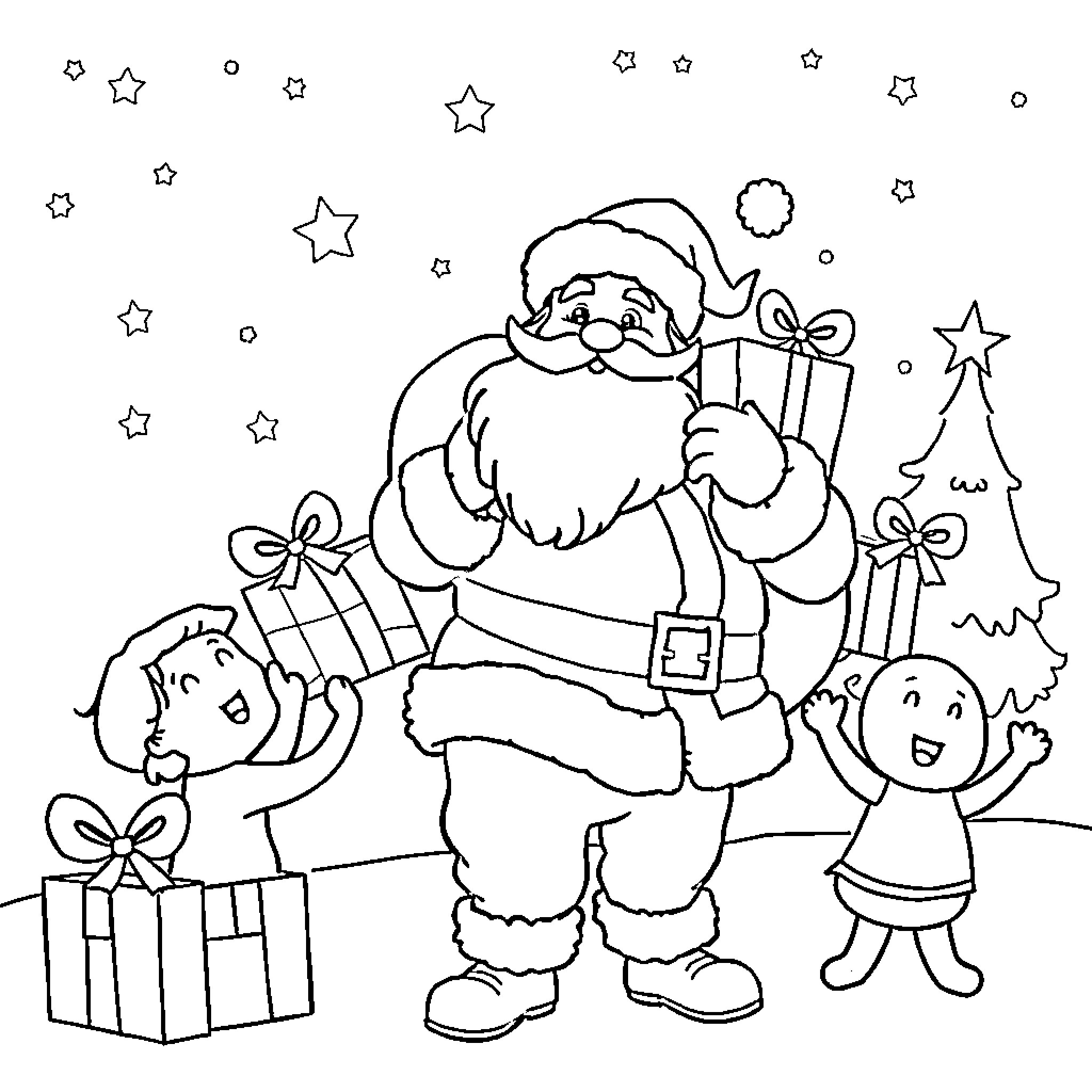 Santa Claus delivering gifts to children Coloring Page (free black-and-white line drawing printable PDF for all, from beginners to advanced learners, including children, teens, adults, and seniors)
