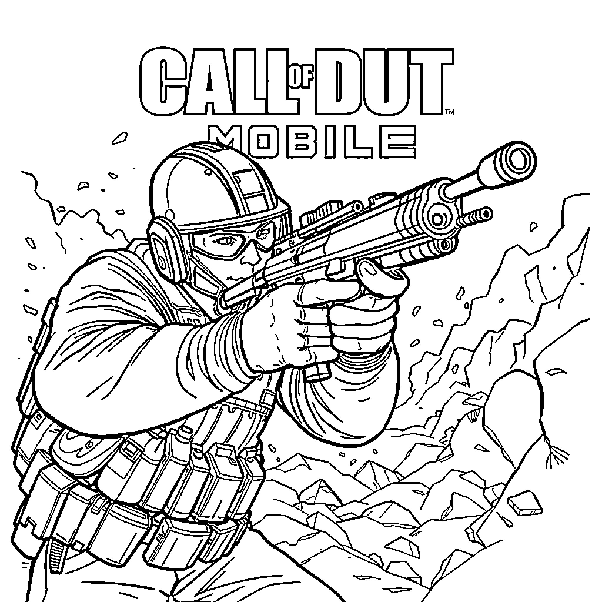 Call of Duty Mobile: Soldier Aiming Rifle in Combat Coloring Page (free black-and-white line drawing printable PDF for all, from beginners to advanced learners, including children, teens, adults, and seniors)
