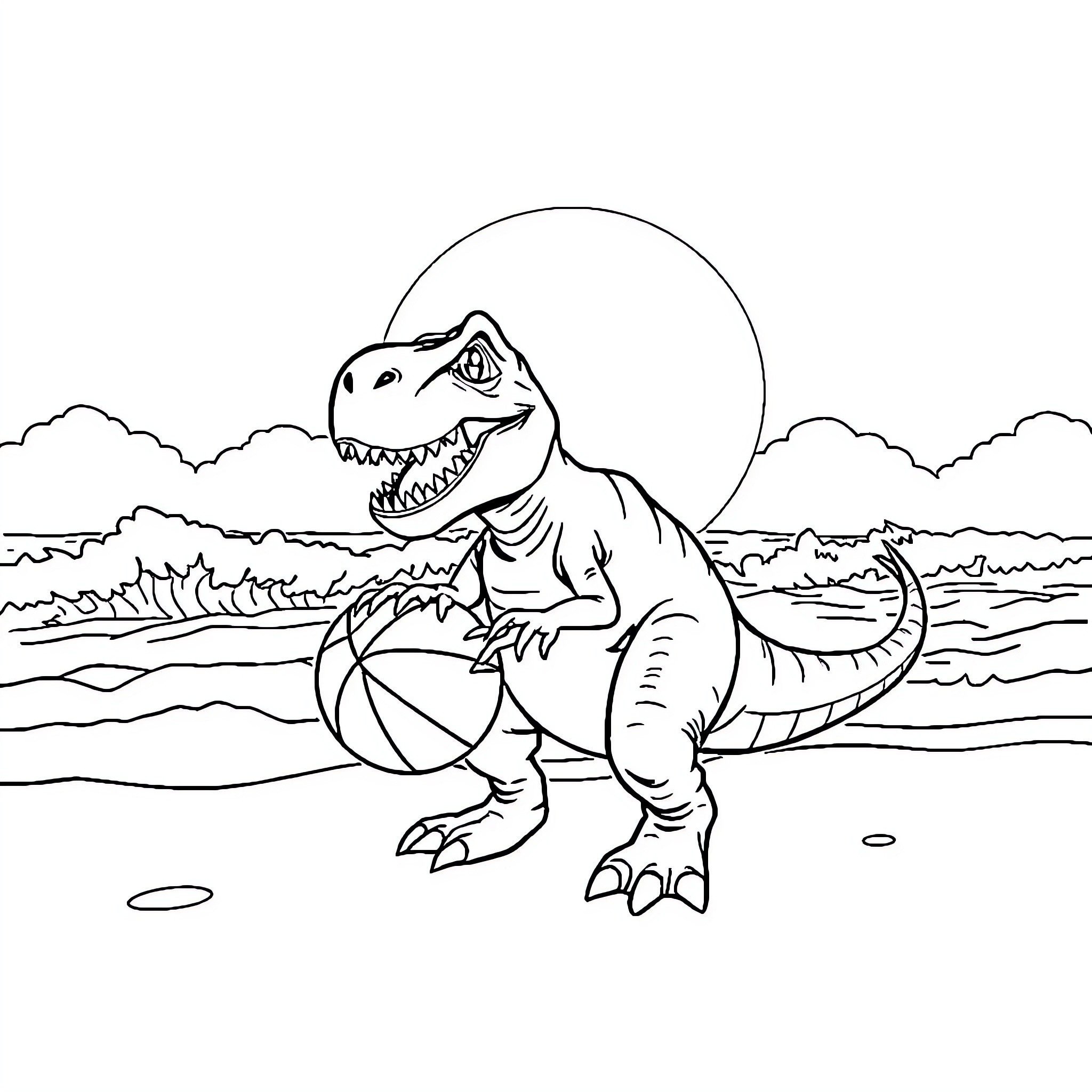 T-Rex playing with a beach ball in the wild Coloring Page (free black-and-white line drawing printable PDF for all, from beginners to advanced learners, including children, teens, adults, and seniors)