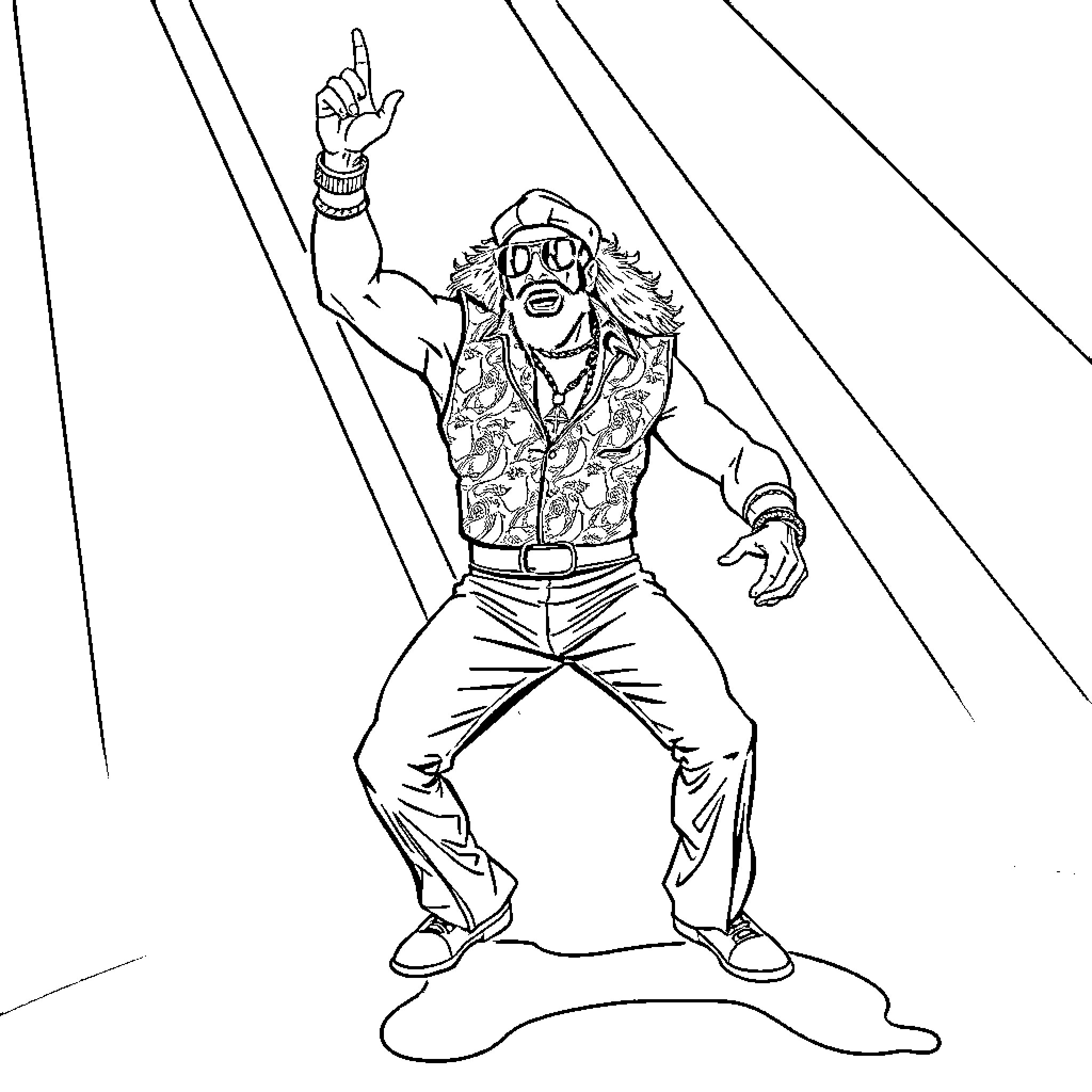 Macho Man Strikes an Energetic Pose Coloring Page (free black-and-white line drawing printable PDF for all, from beginners to advanced learners, including children, teens, adults, and seniors)