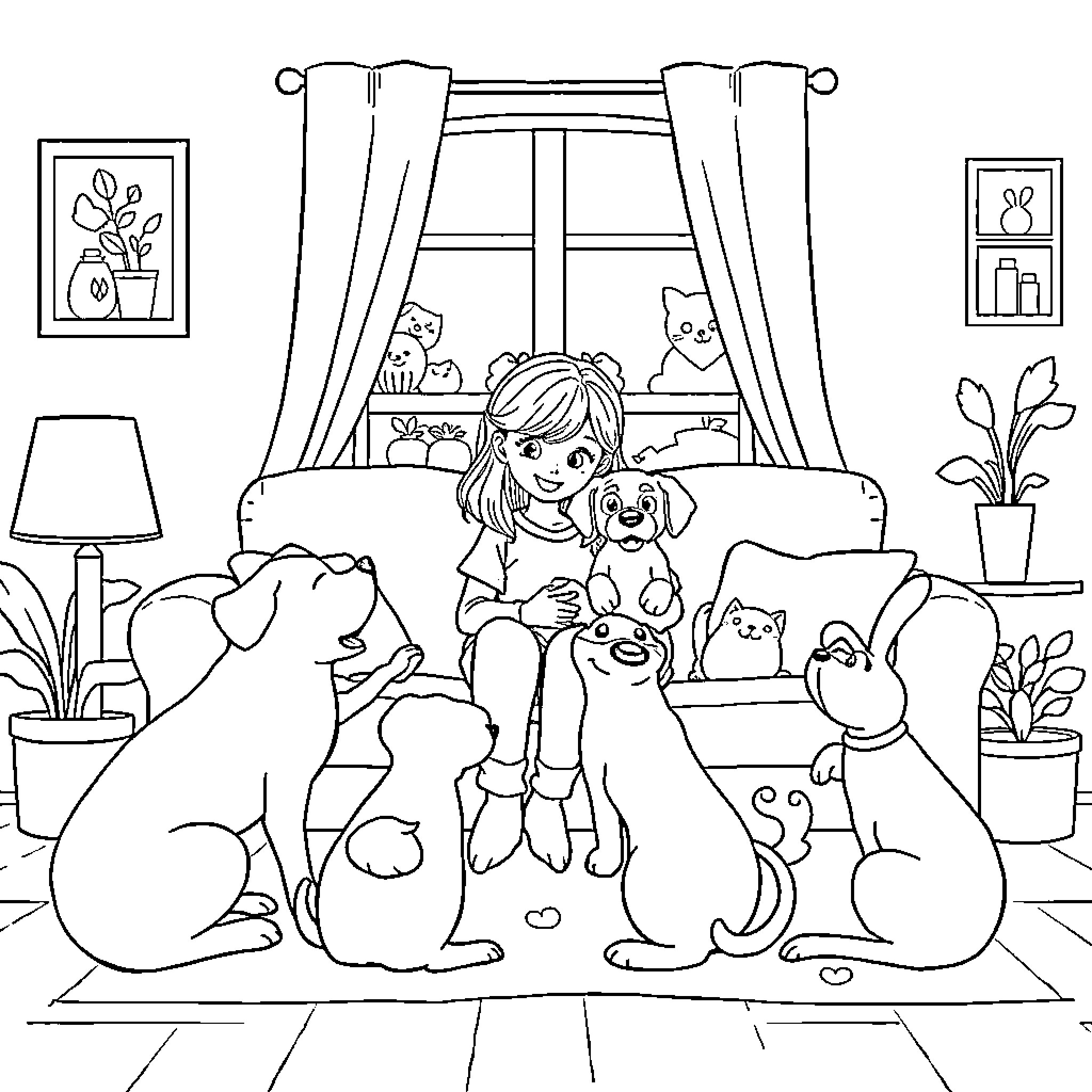 Girl playing with pet dogs in cozy home setting Coloring Page (free black-and-white line drawing printable PDF for all, from beginners to advanced learners, including children, teens, adults, and seniors)