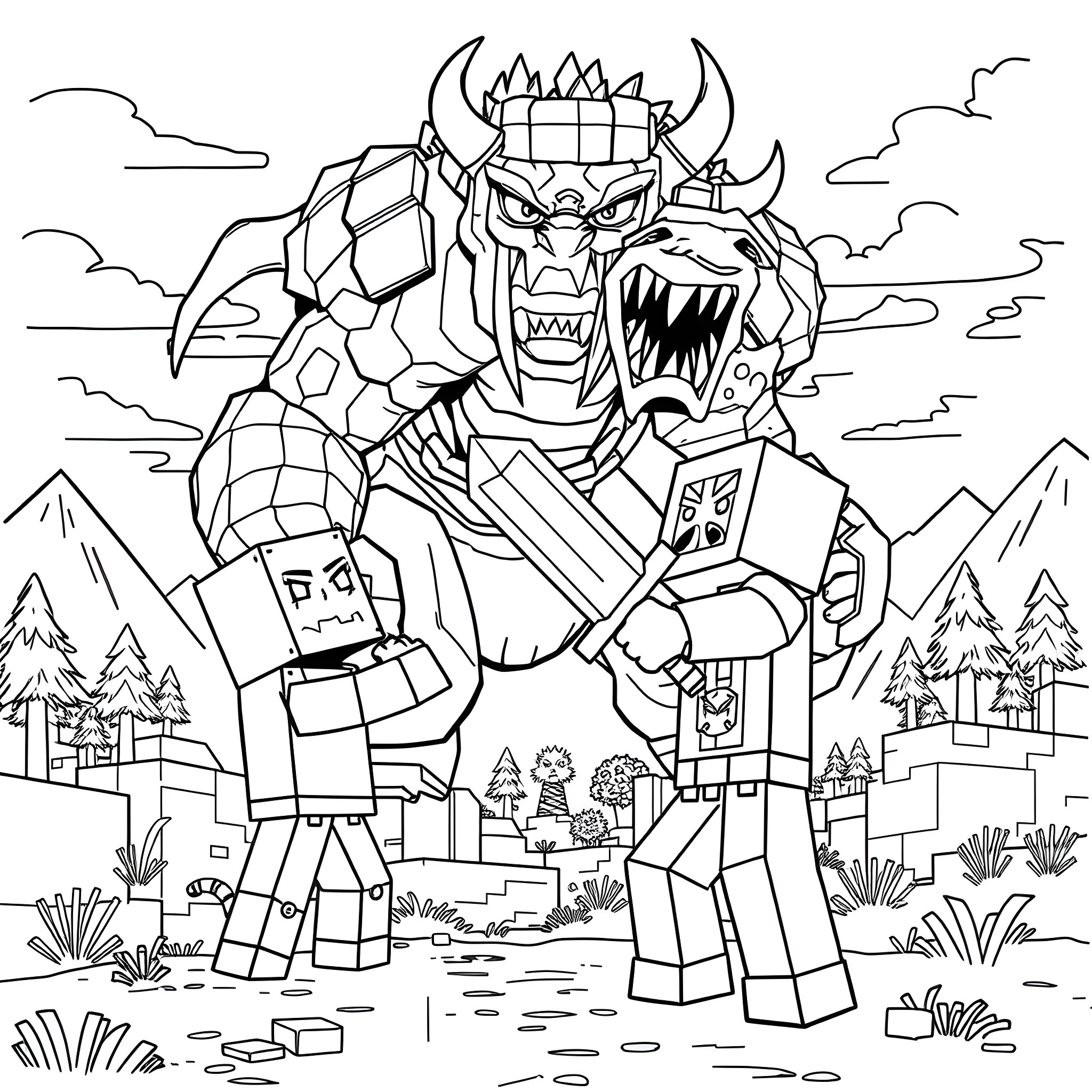Steve's Heroic Encounter with a Mighty Creature in the Wilderness Coloring Page (free black-and-white line drawing printable PDF for all, from beginners to advanced learners, including children, teens, adults, and seniors)