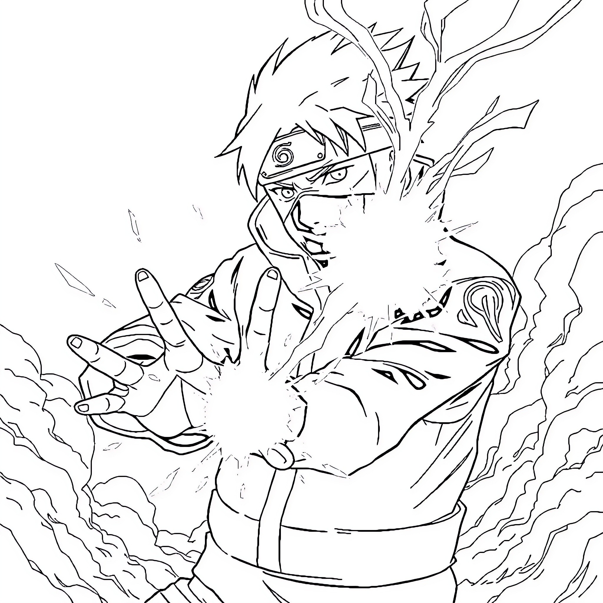 Kakashi Unleashing Powerful Jutsu Amidst Chaos Coloring Page (free black-and-white line drawing printable PDF for all, from beginners to advanced learners, including children, teens, adults, and seniors)