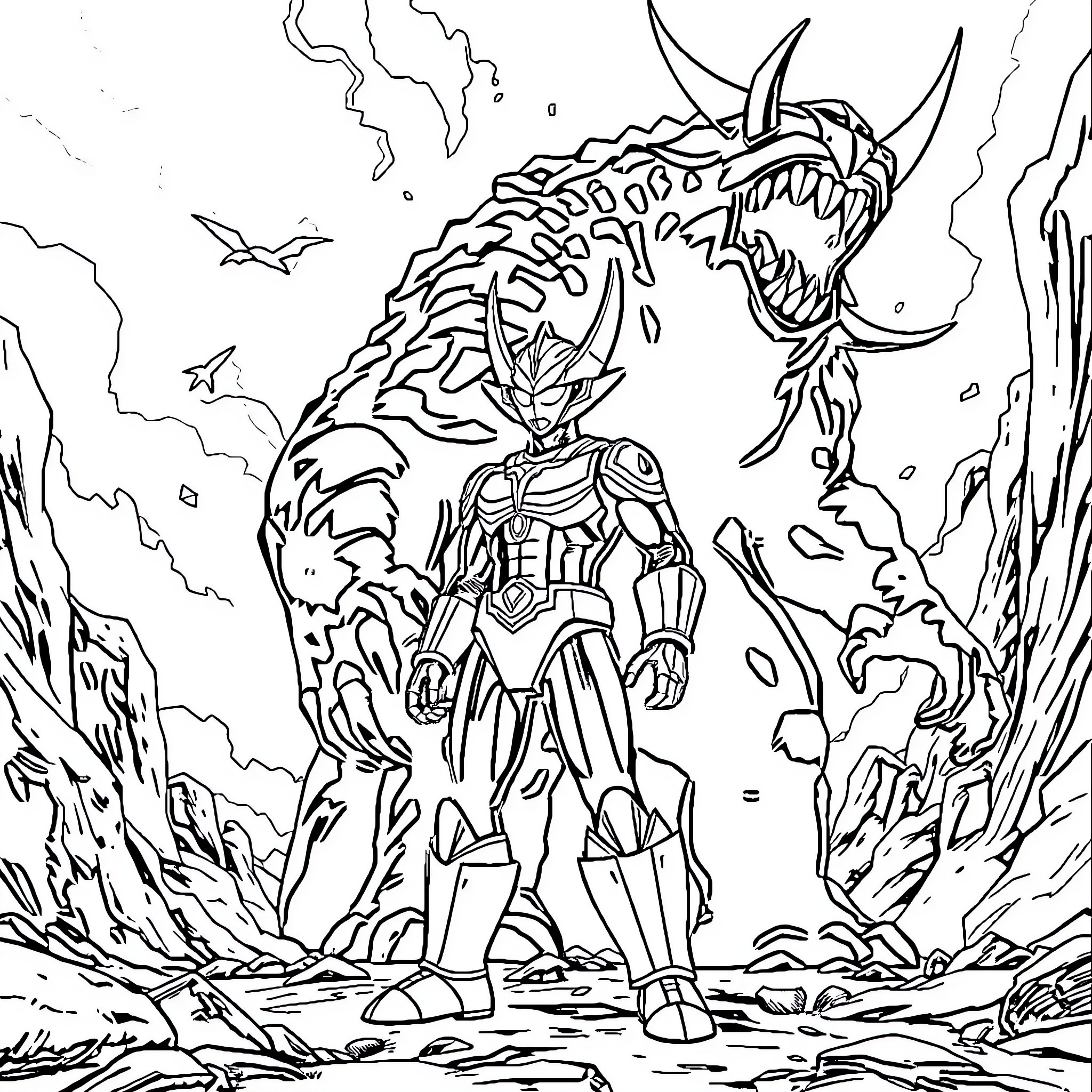 Ultraman battles a fierce alien monster Coloring Page (free black-and-white line drawing printable PDF for all, from beginners to advanced learners, including children, teens, adults, and seniors)