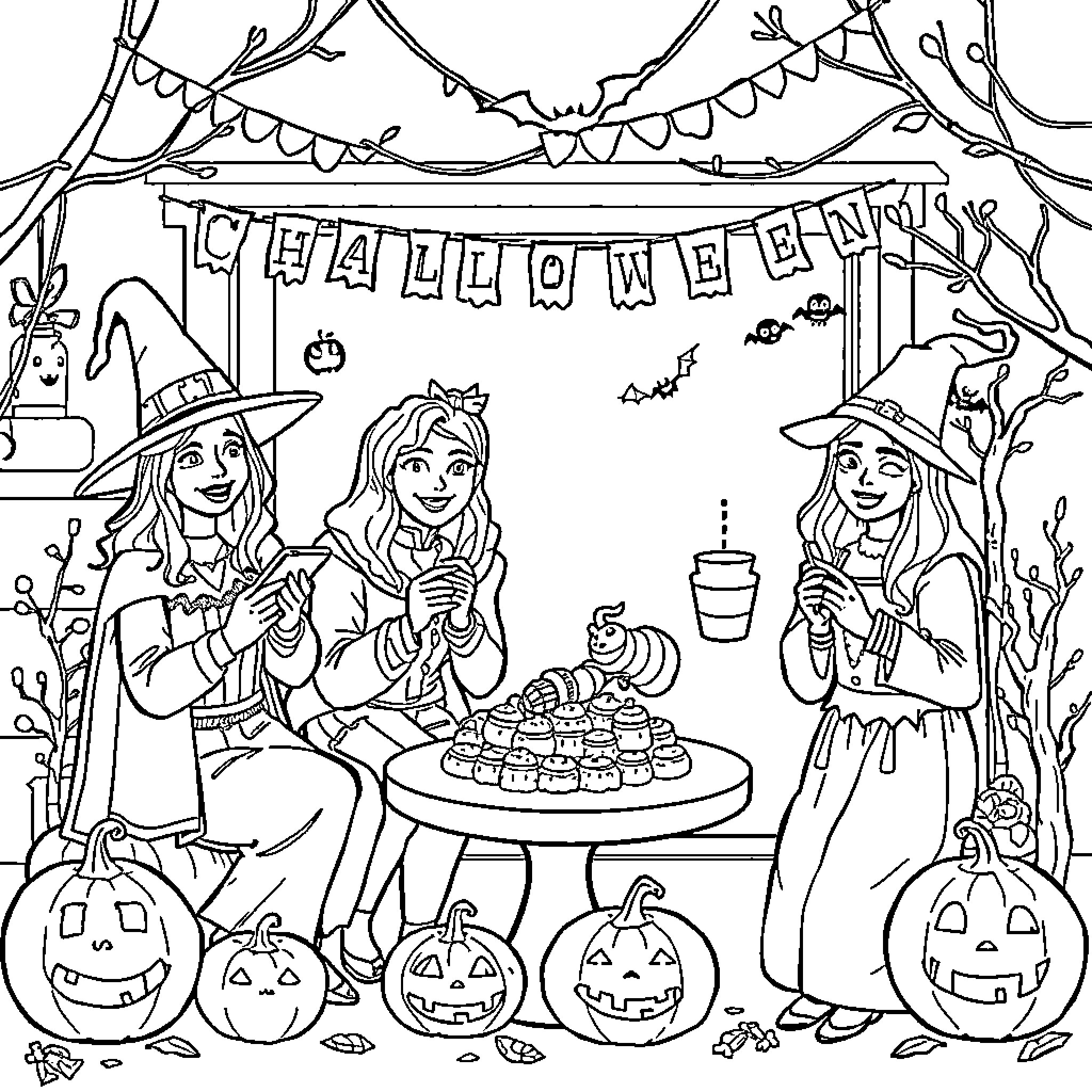 Therapist Helps Three Women Celebrate Halloween Coloring Page (free black-and-white line drawing printable PDF for all, from beginners to advanced learners, including children, teens, adults, and seniors)