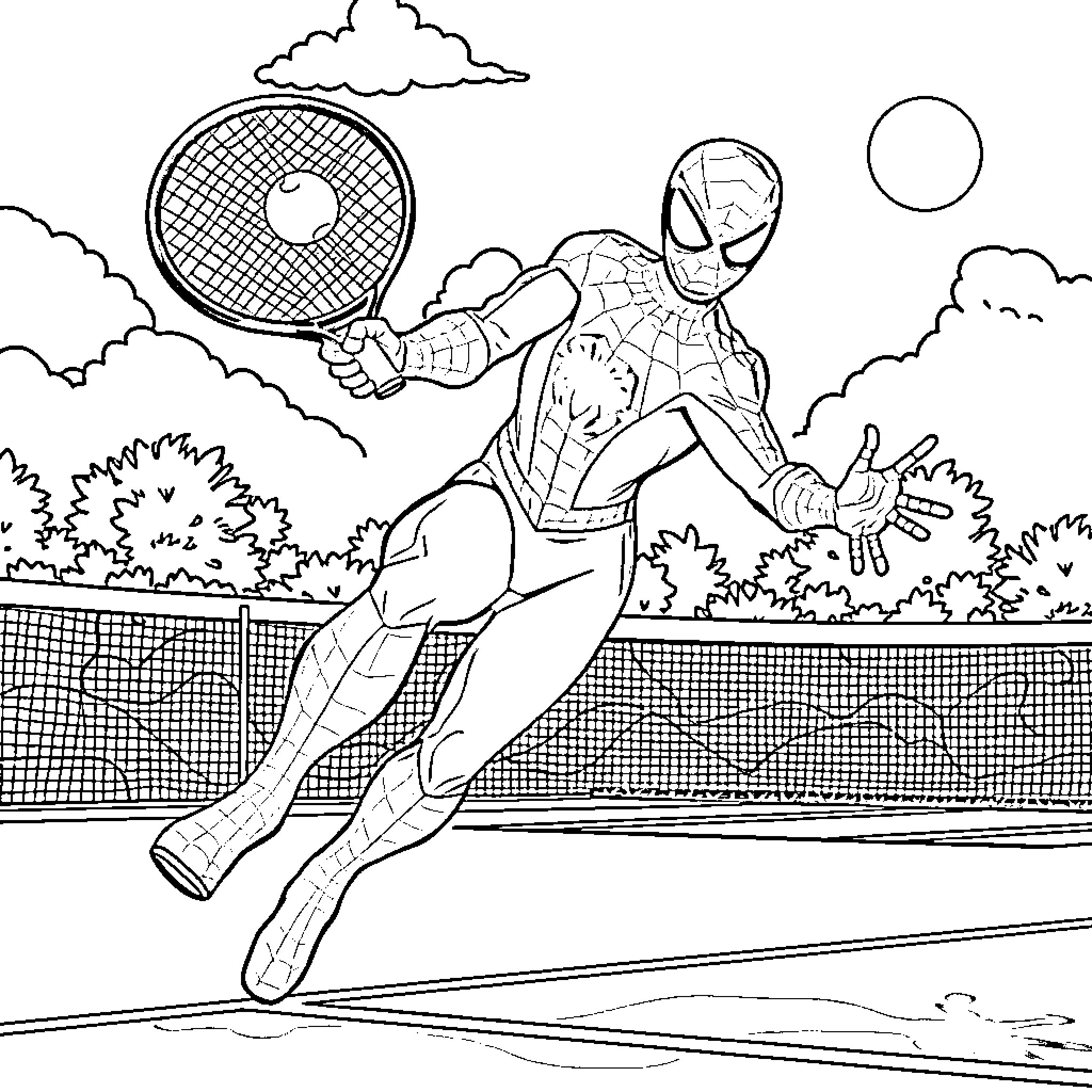 Spider-Man playing tennis on the court Coloring Page (free black-and-white line drawing printable PDF for all, from beginners to advanced learners, including children, teens, adults, and seniors)