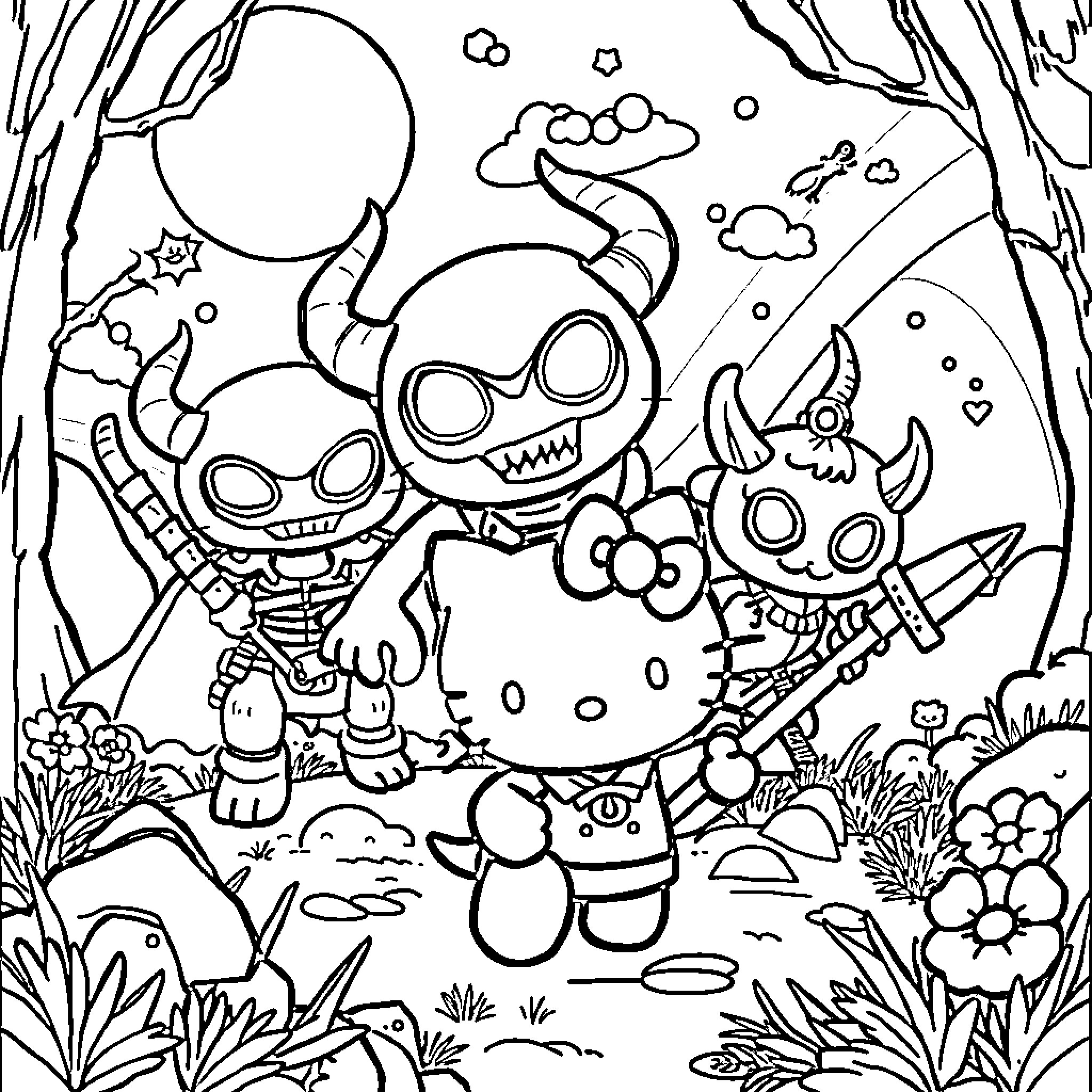 Hello Kitty and Friends in a Spooky Forest Adventure Coloring Page (free black-and-white line drawing printable PDF for all, from beginners to advanced learners, including children, teens, adults, and seniors)
