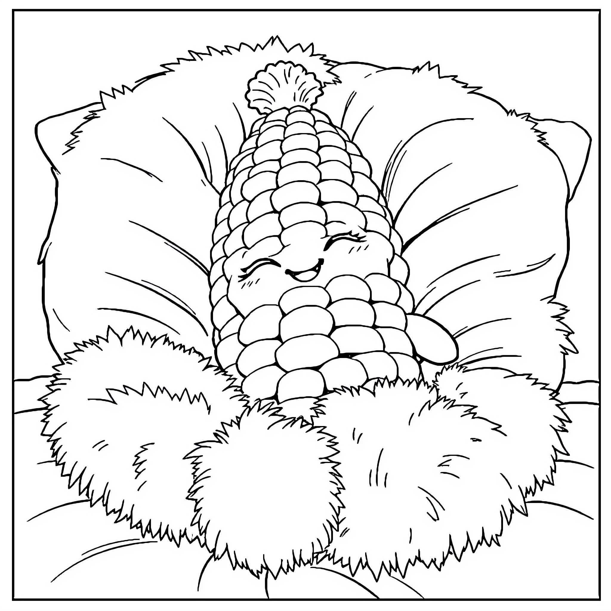 Corn cob in a grassy field Coloring Page (free black-and-white line drawing printable PDF for all, from beginners to advanced learners, including children, teens, adults, and seniors)
