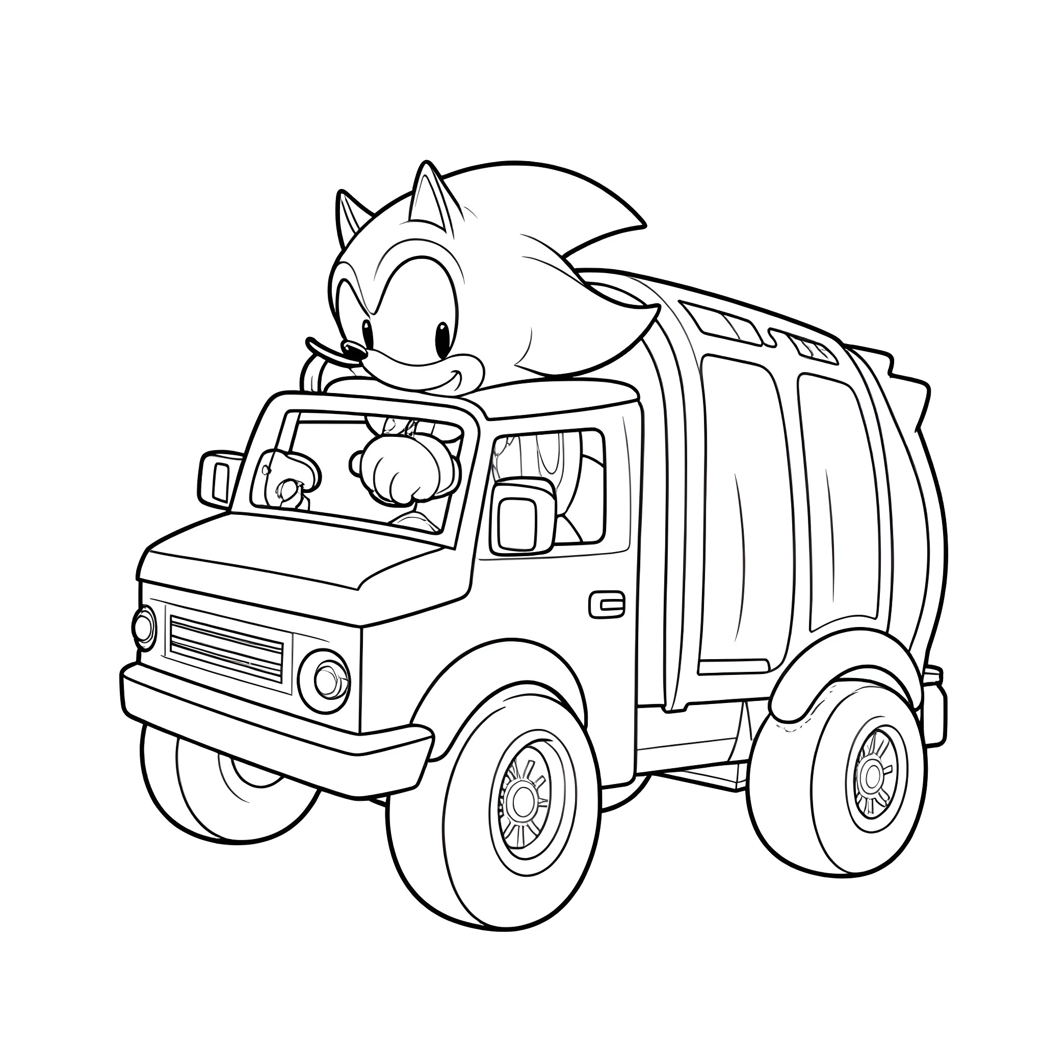 Sonic driving a small truck happily Coloring Page (free black-and-white line drawing printable PDF for all, from beginners to advanced learners, including children, teens, adults, and seniors)