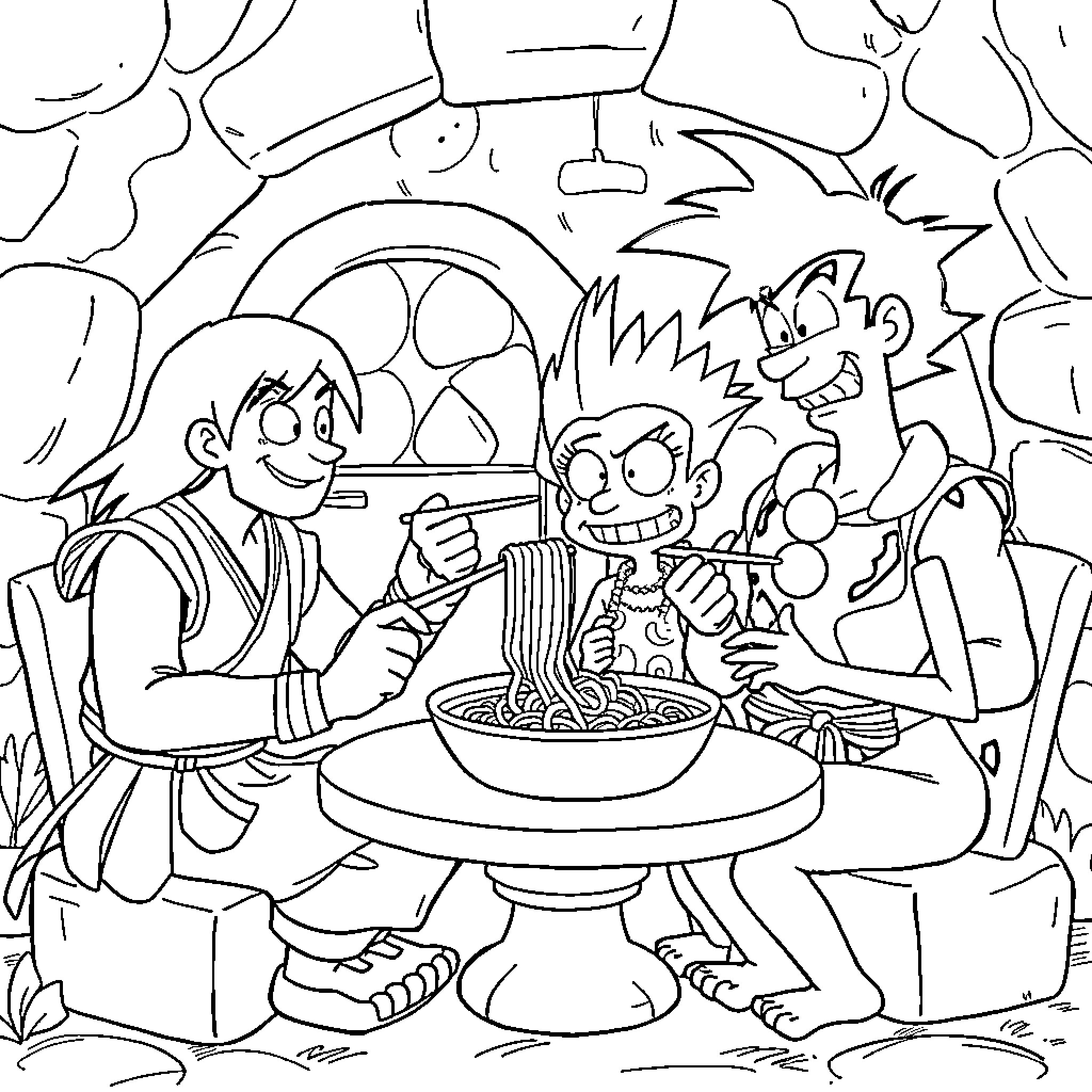 Samurai Enjoying Traditional Noodle Meal with Friends Coloring Page (free black-and-white line drawing printable PDF for all, from beginners to advanced learners, including children, teens, adults, and seniors)