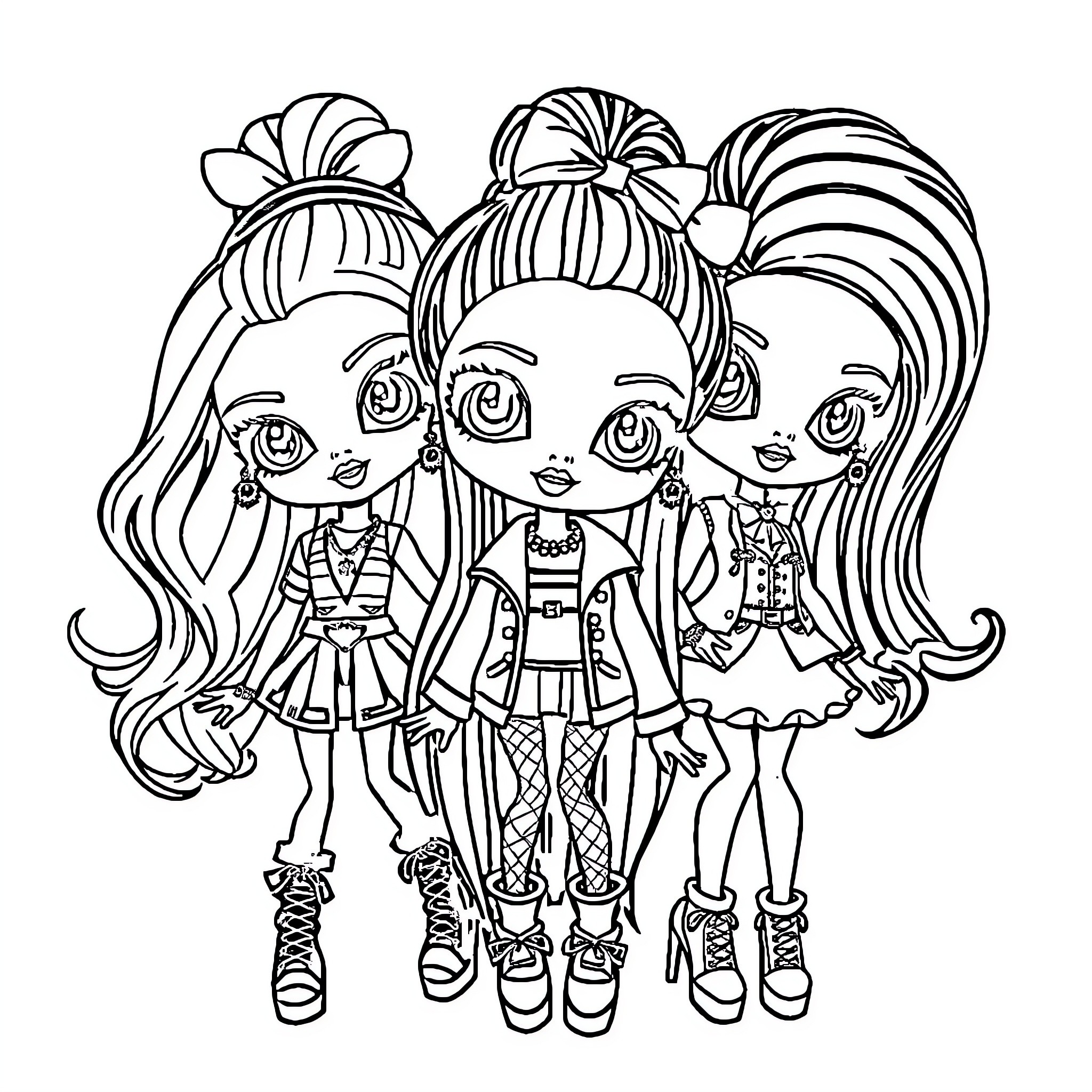 Brats Doll Trio with Unique Outfits and Hairstyles Coloring Page (free black-and-white line drawing printable PDF for all, from beginners to advanced learners, including children, teens, adults, and seniors)