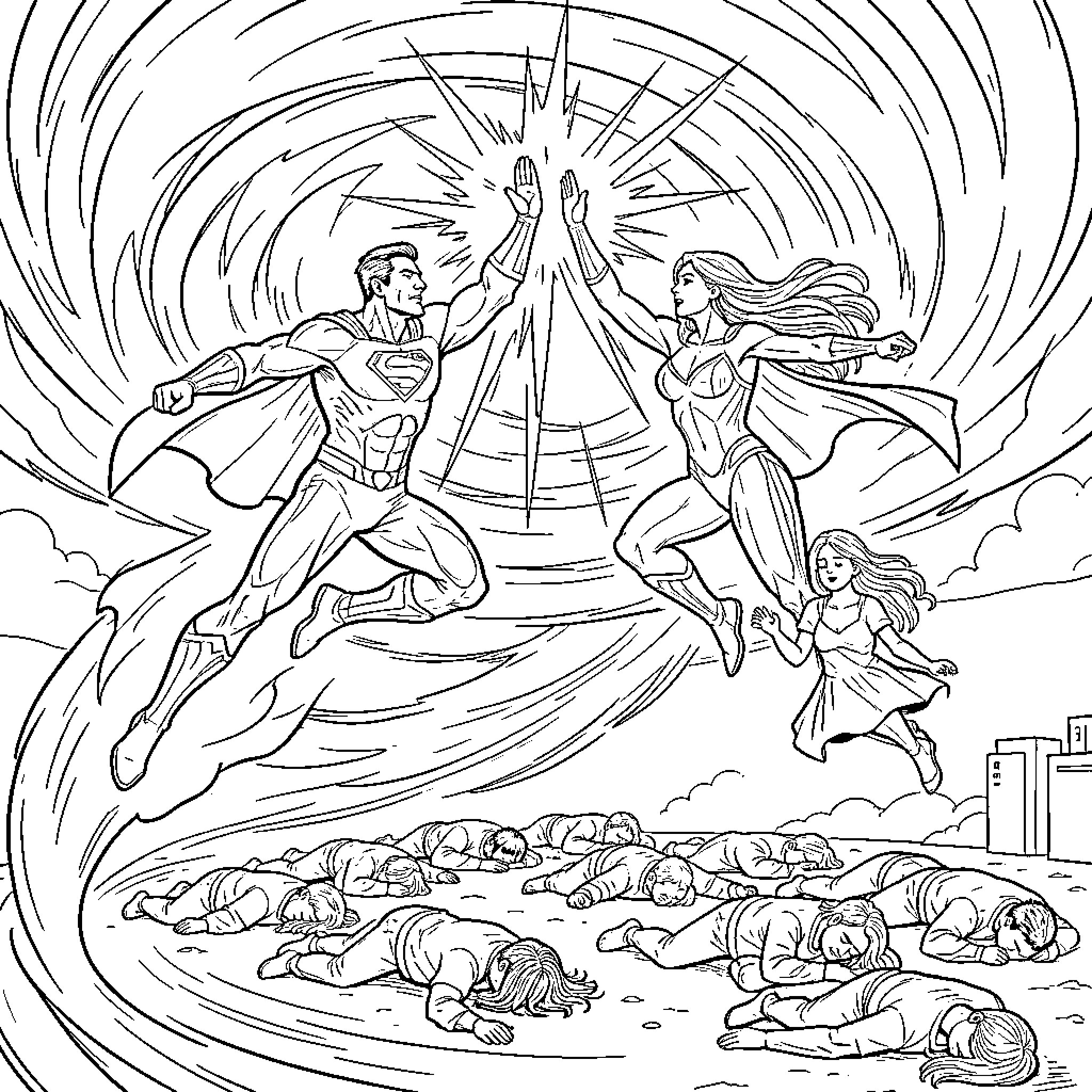 Homme et Femme super-héros volant au-dessus de la foule Coloring Page (free black-and-white line drawing printable PDF for all, from beginners to advanced learners, including children, teens, adults, and seniors)
