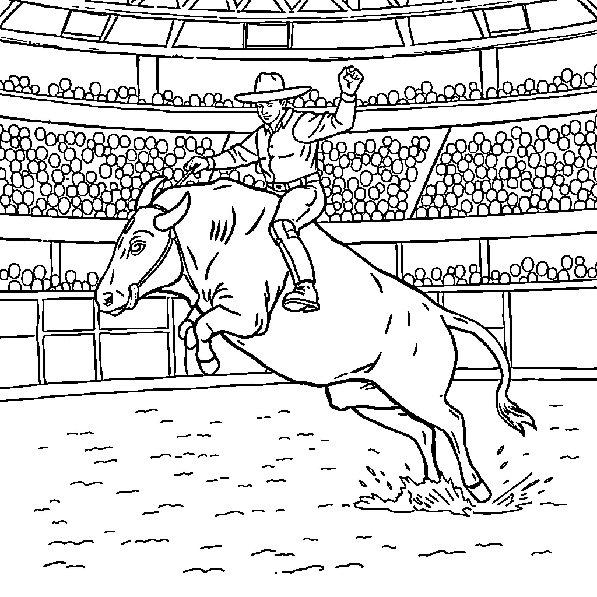 Bull rider performing stunts in rodeo arena Coloring Page (free black-and-white line drawing printable PDF for all, from beginners to advanced learners, including children, teens, adults, and seniors)