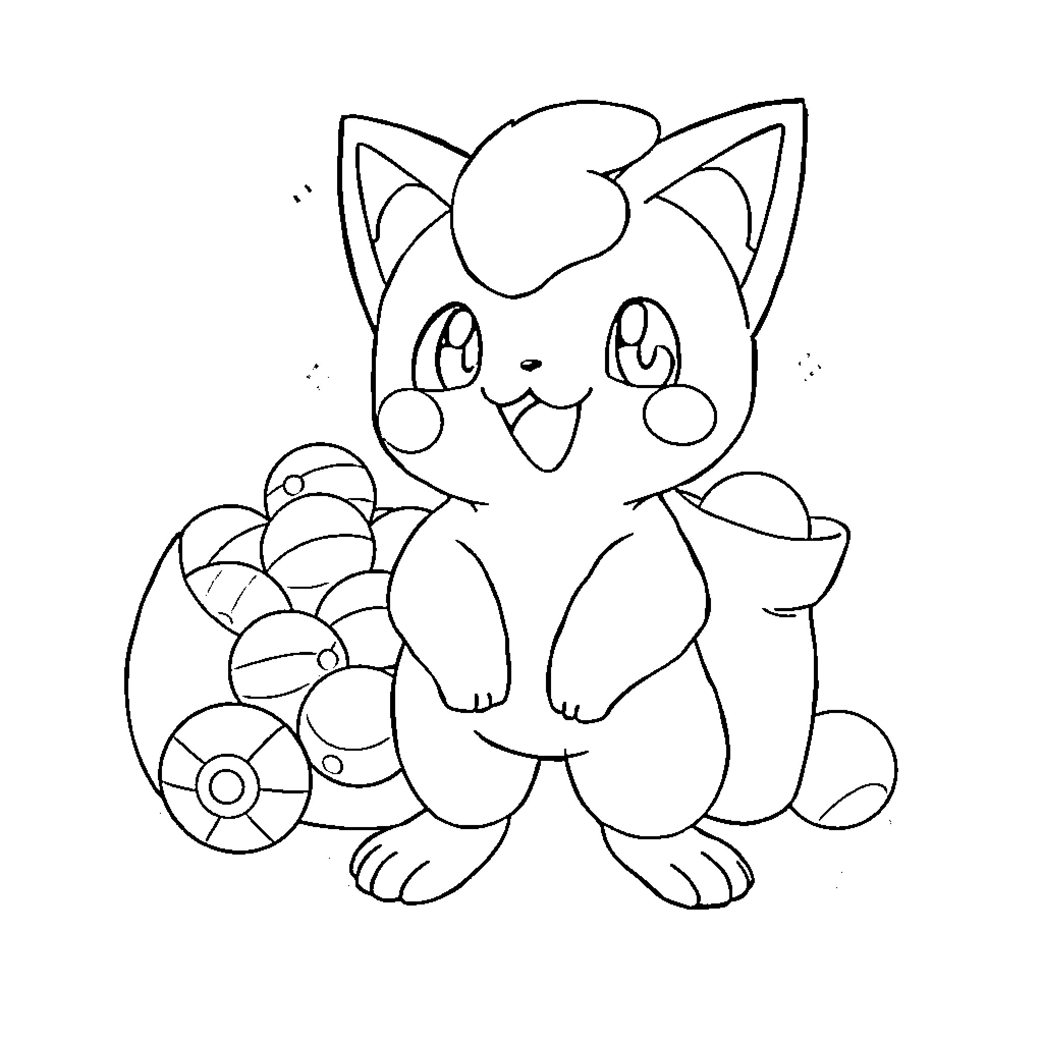Meowth playing with Pokéballs Coloring Page (free black-and-white line drawing printable PDF for all, from beginners to advanced learners, including children, teens, adults, and seniors)