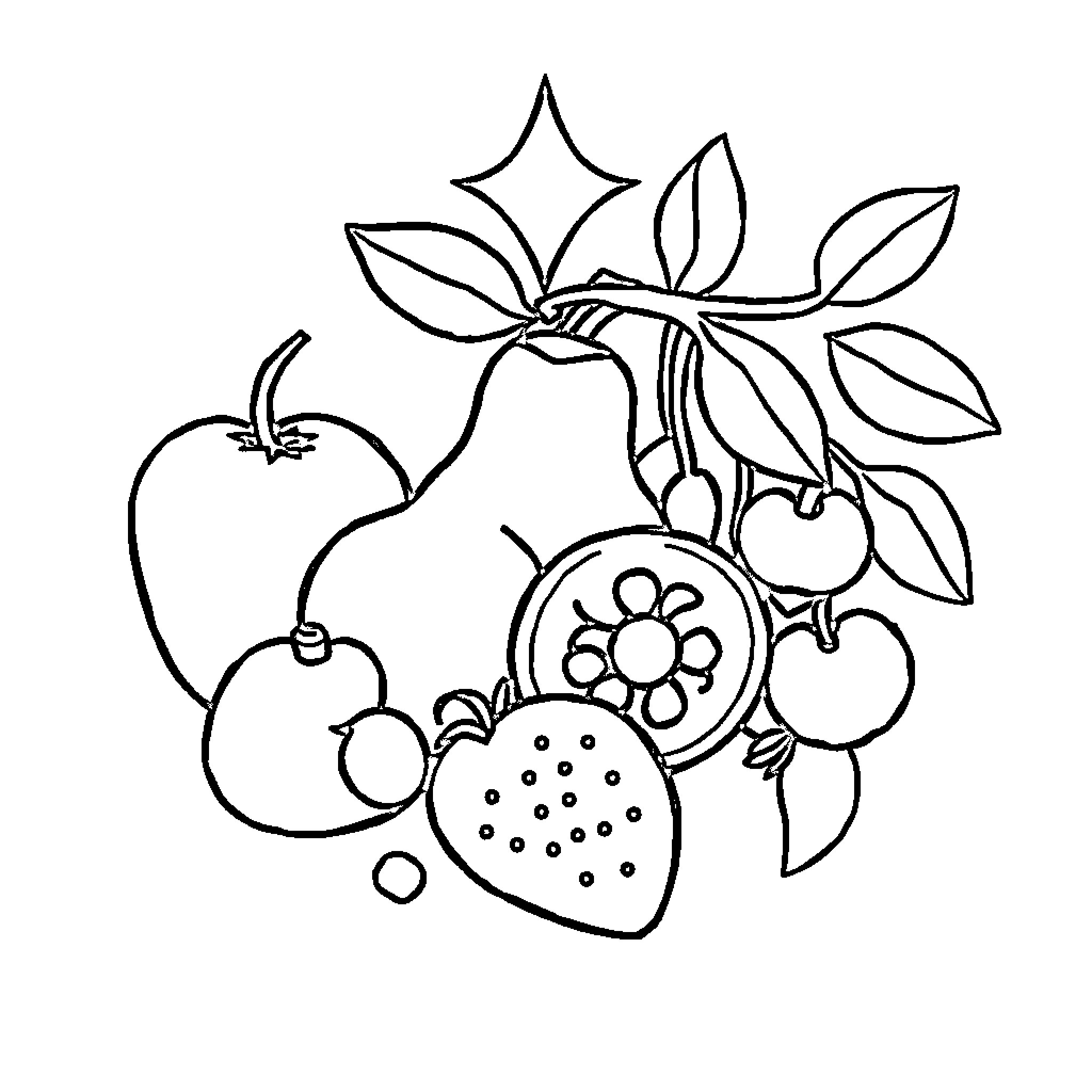 Fruit Arrangement with Leaves and Flowers Coloring Page (free black-and-white line drawing printable PDF for all, from beginners to advanced learners, including children, teens, adults, and seniors)