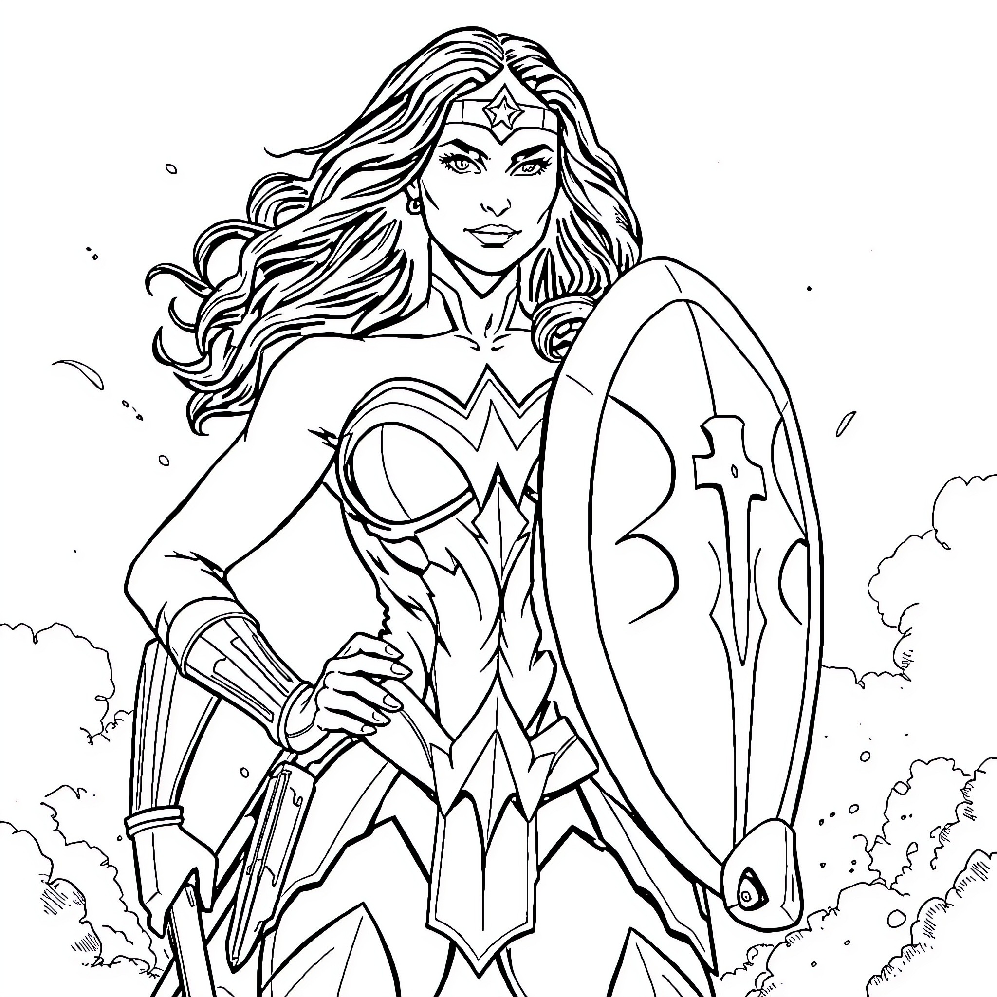 Wonder Woman Heroic Stance with Shield Coloring Page (free black-and-white line drawing printable PDF for all, from beginners to advanced learners, including children, teens, adults, and seniors)
