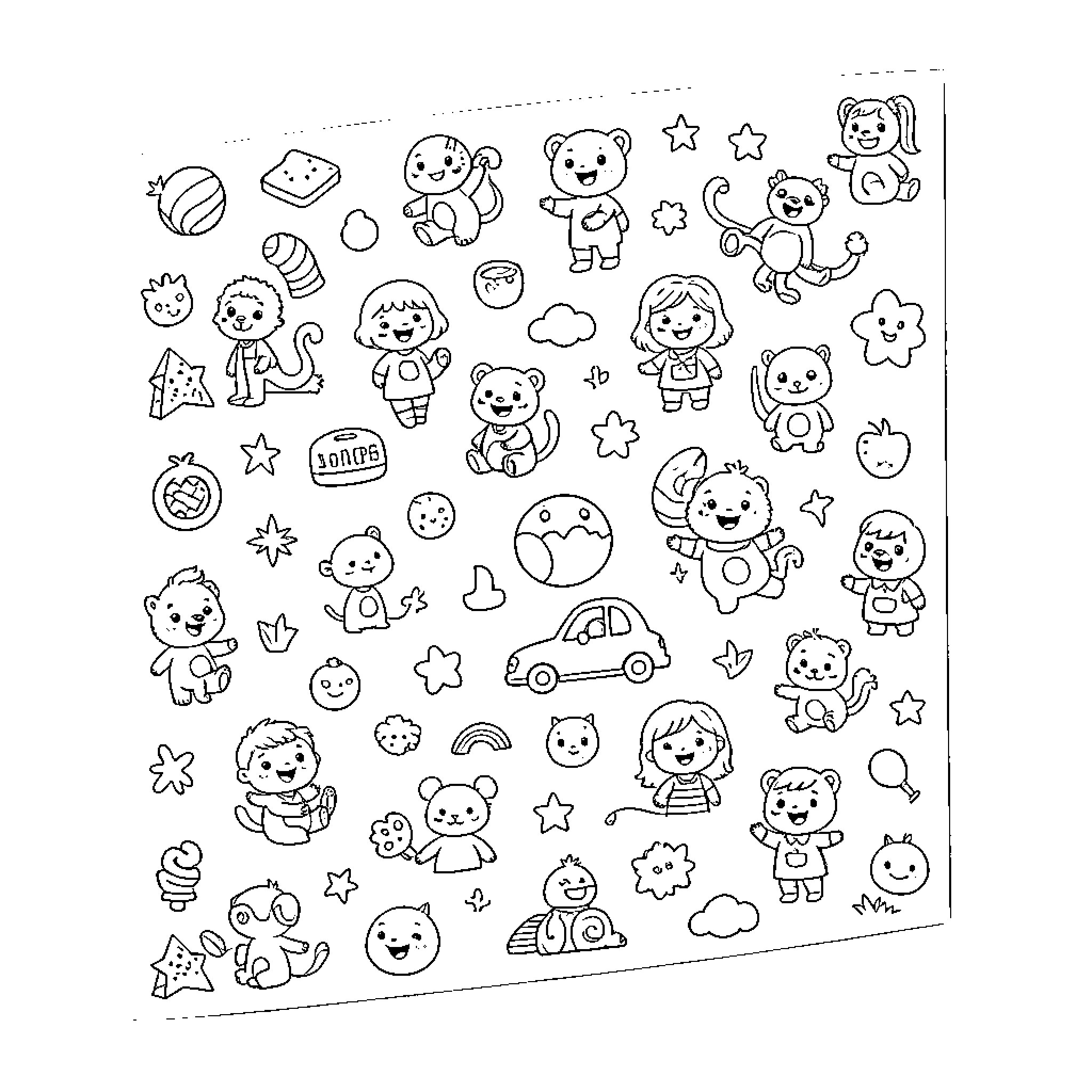 Kid interacting with many cute cartoon animals Coloring Page (free black-and-white line drawing printable PDF for all, from beginners to advanced learners, including children, teens, adults, and seniors)