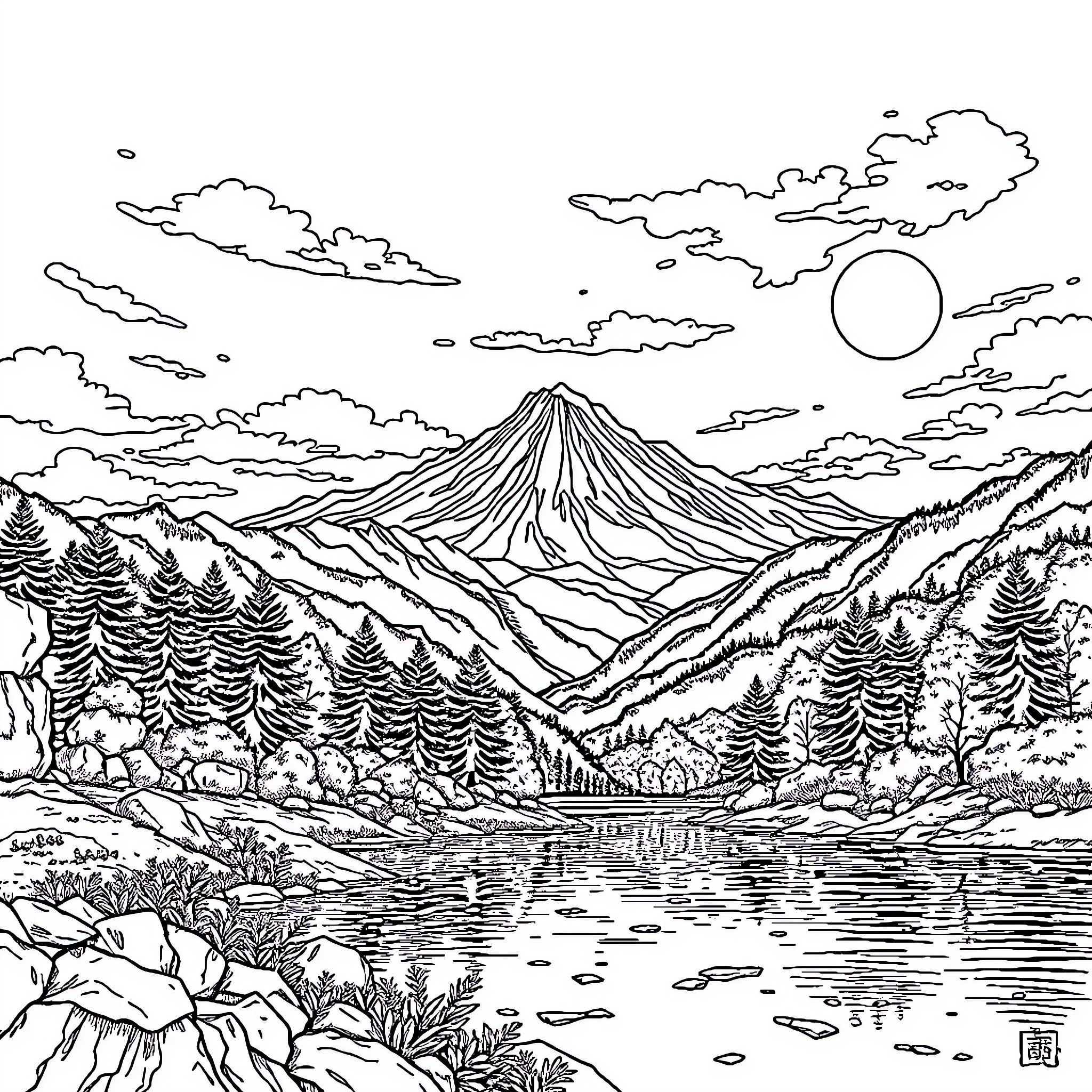 Landscape of majestic mountains and serene lake Coloring Page (free black-and-white line drawing printable PDF for all, from beginners to advanced learners, including children, teens, adults, and seniors)