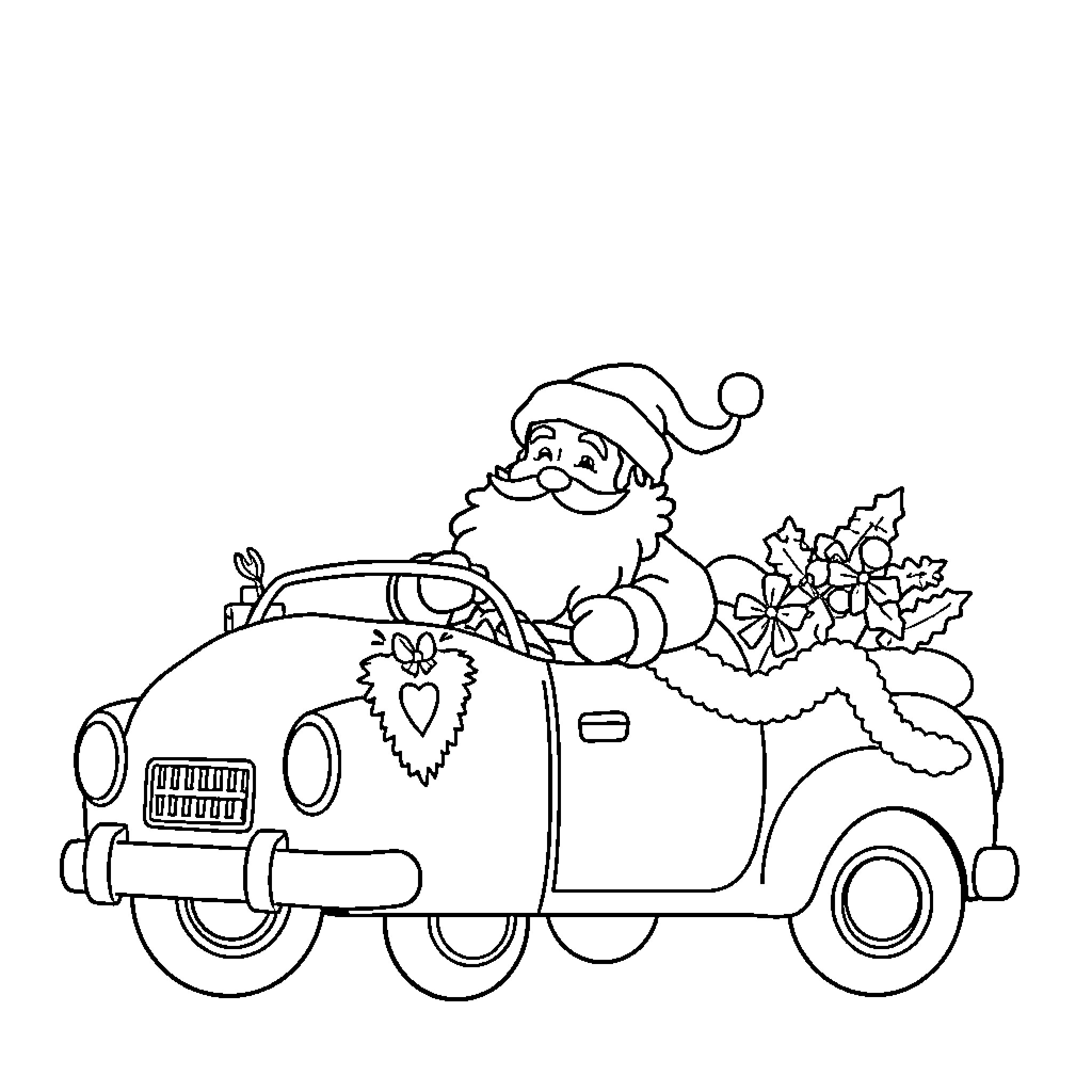 Santa driving a vintage car with presents Coloring Page (free black-and-white line drawing printable PDF for all, from beginners to advanced learners, including children, teens, adults, and seniors)