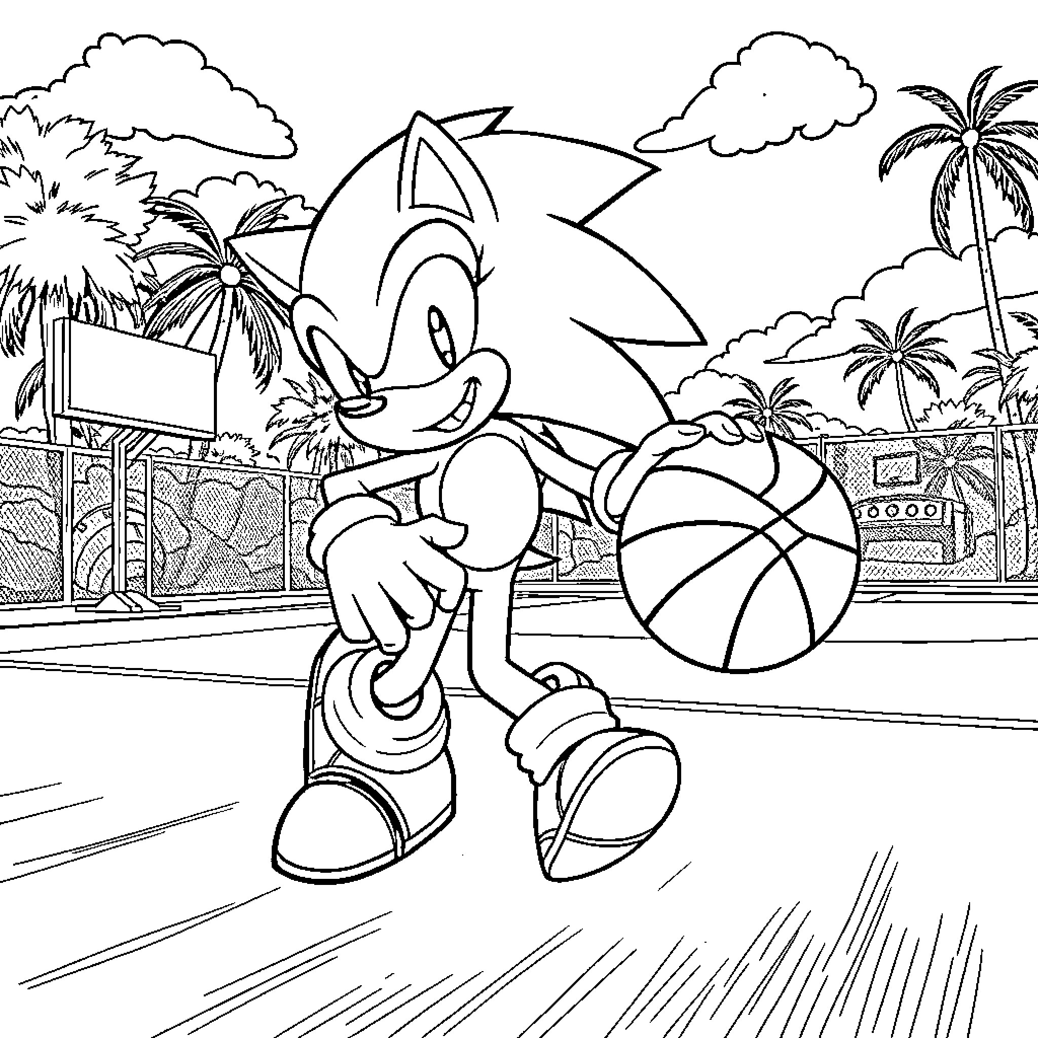 Sonic enjoying a sunny day on the beach Coloring Page (free black-and-white line drawing printable PDF for all, from beginners to advanced learners, including children, teens, adults, and seniors)