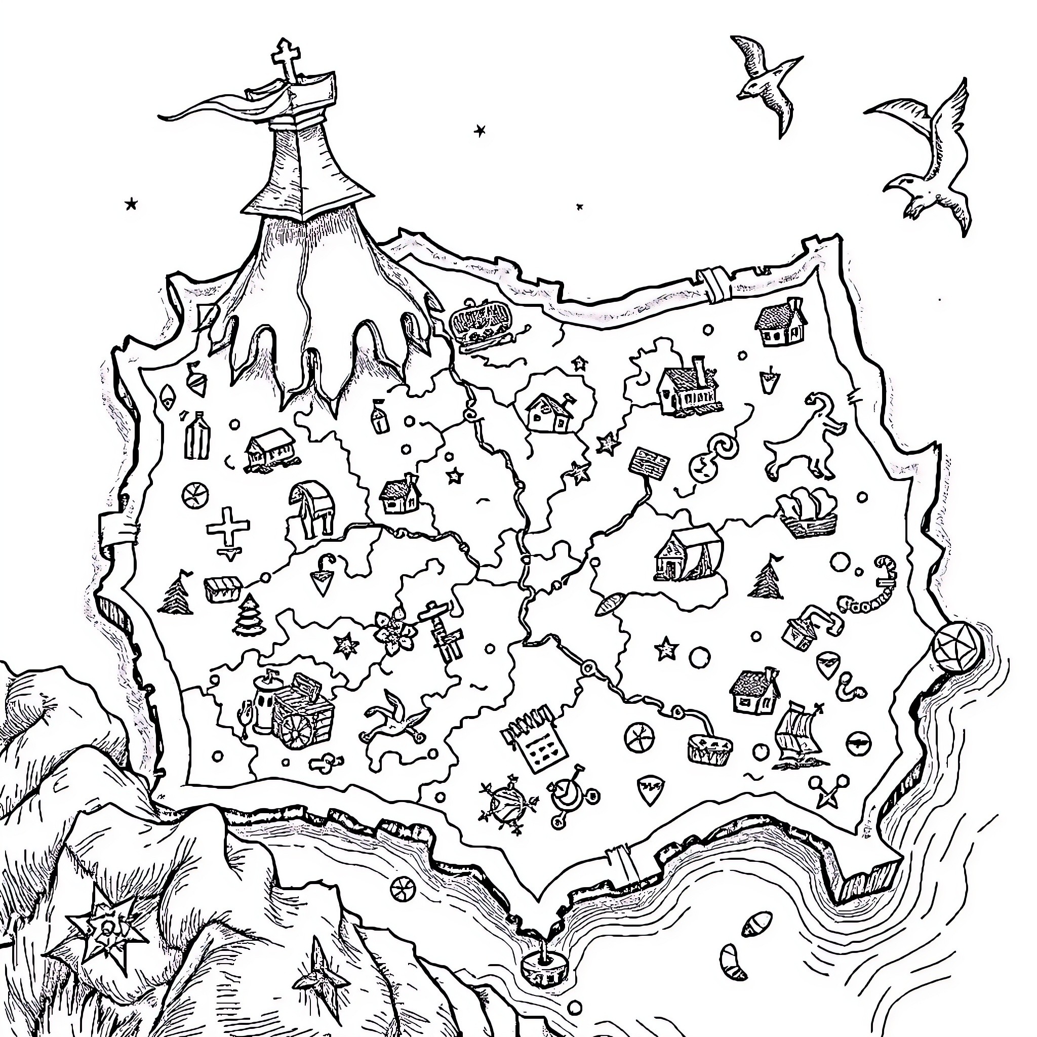 Treasure Map of an Enchanted Island Coloring Page (free black-and-white line drawing printable PDF for all, from beginners to advanced learners, including children, teens, adults, and seniors)