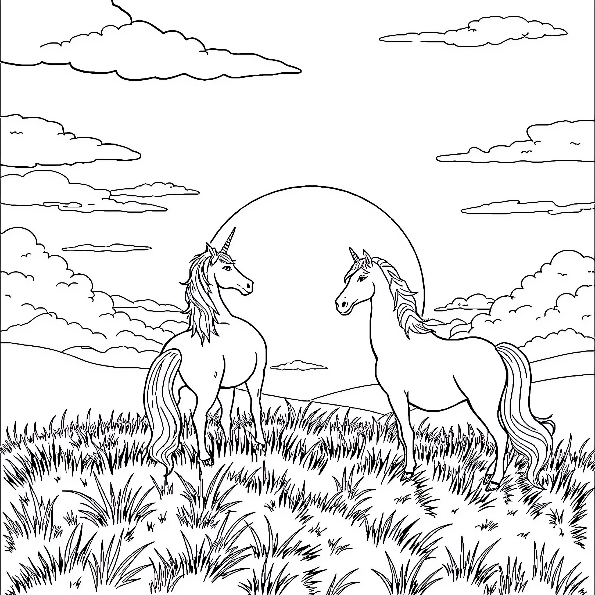 Unicorn pair galloping in enchanted meadow Coloring Page (free black-and-white line drawing printable PDF for all, from beginners to advanced learners, including children, teens, adults, and seniors)
