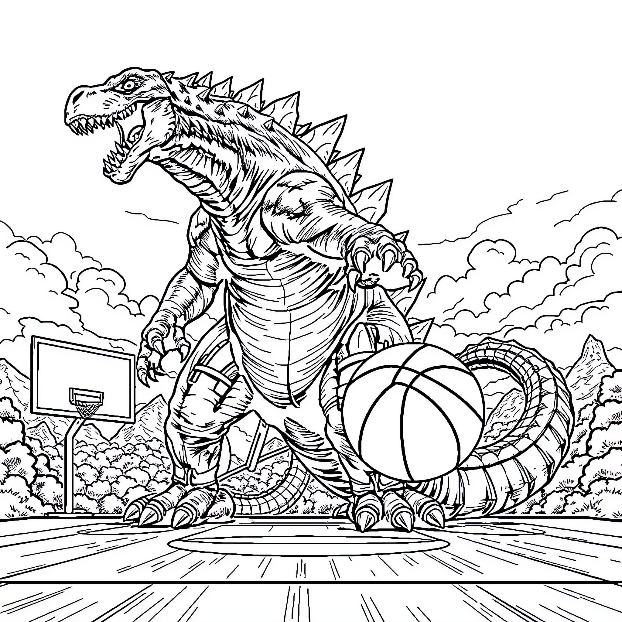 Godzilla Stomping on Basketball Court Coloring Page (free black-and-white line drawing printable PDF for all, from beginners to advanced learners, including children, teens, adults, and seniors)