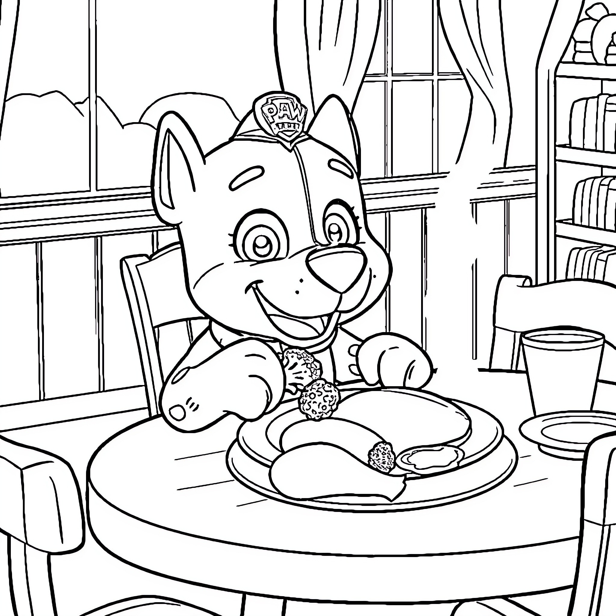Rocky's Playful Mealtime Adventure Coloring Page (free black-and-white line drawing printable PDF for all, from beginners to advanced learners, including children, teens, adults, and seniors)
