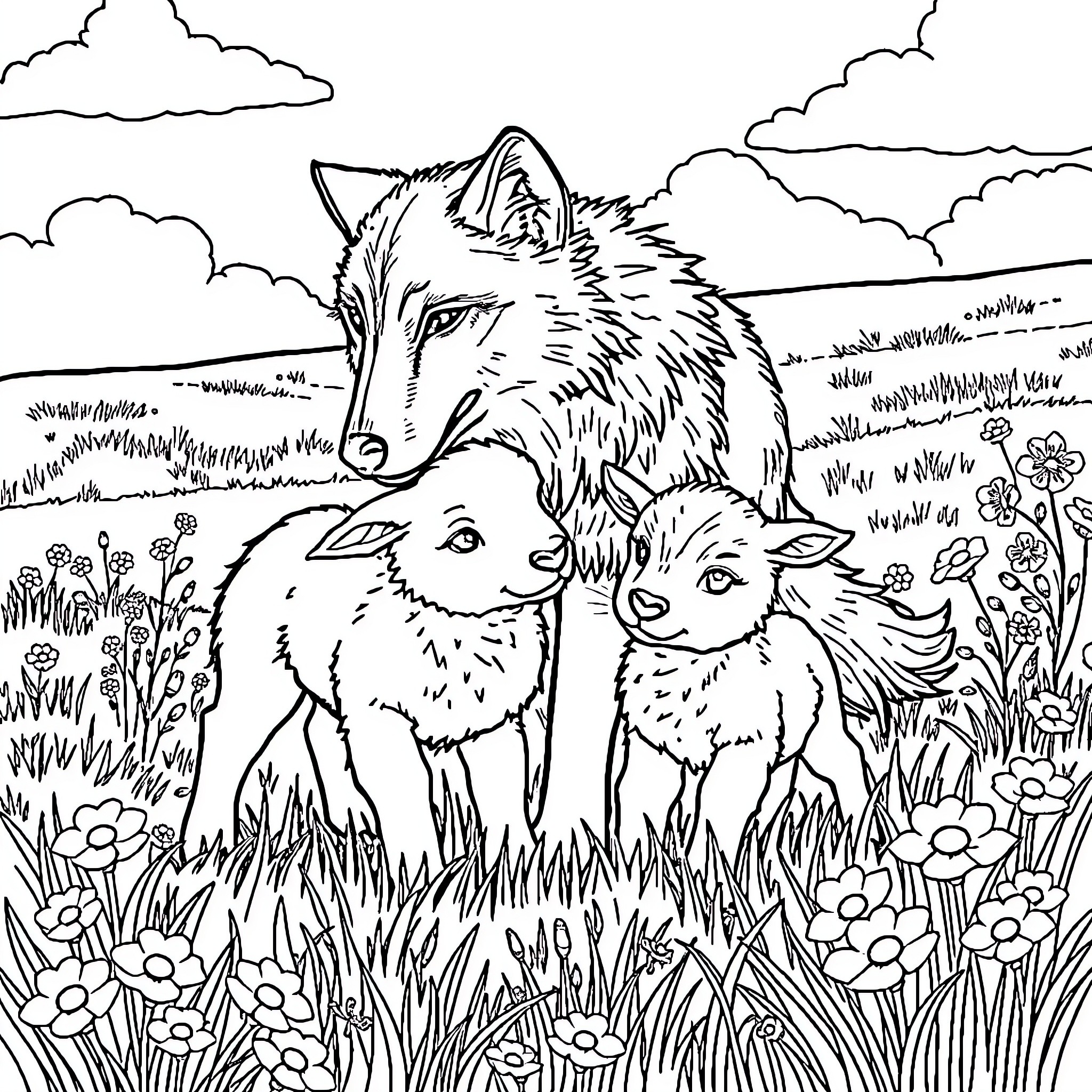 Wolf Pair Exploring Floral Meadow Coloring Page (free black-and-white line drawing printable PDF for all, from beginners to advanced learners, including children, teens, adults, and seniors)