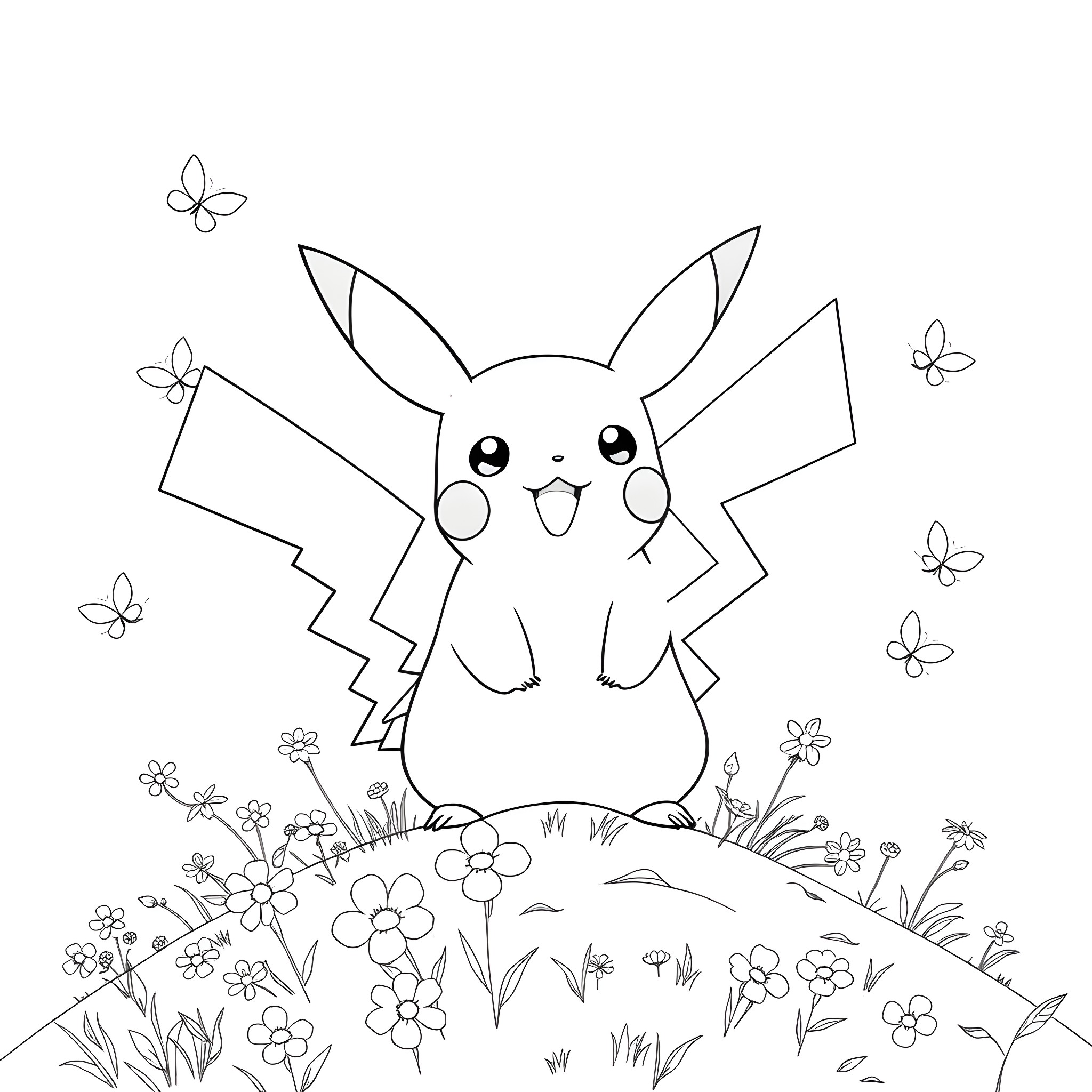 Pikachu posing joyfully in a flower-filled field Coloring Page (free black-and-white line drawing printable PDF for all, from beginners to advanced learners, including children, teens, adults, and seniors)