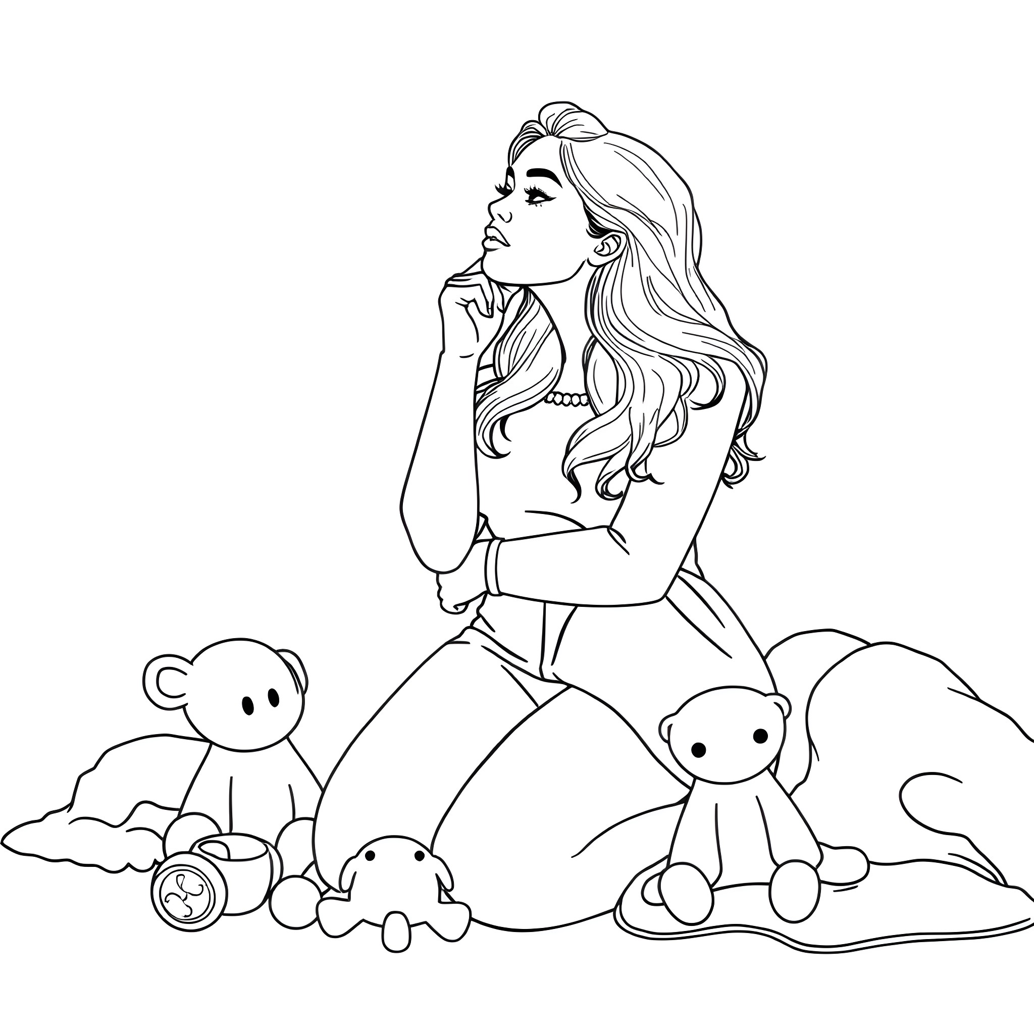 Woman contemplating while surrounded by stuffed animals Coloring Page (free black-and-white line drawing printable PDF for all, from beginners to advanced learners, including children, teens, adults, and seniors)