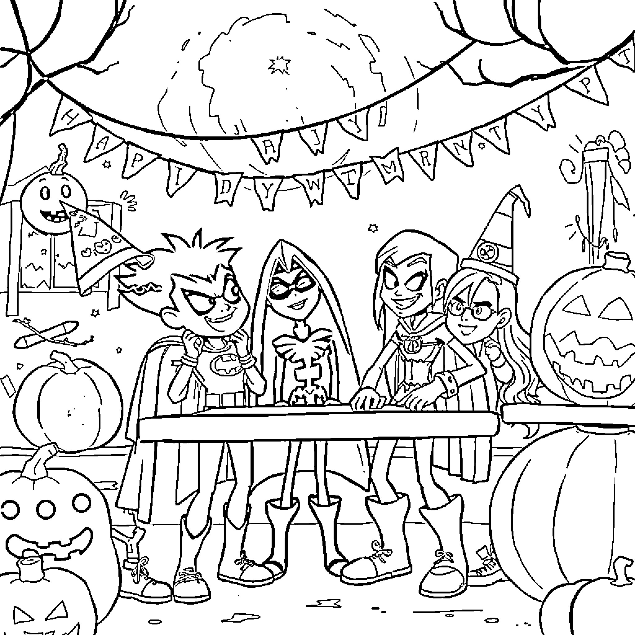 Teen Titans Celebrate Halloween Festivities Coloring Page (free black-and-white line drawing printable PDF for all, from beginners to advanced learners, including children, teens, adults, and seniors)