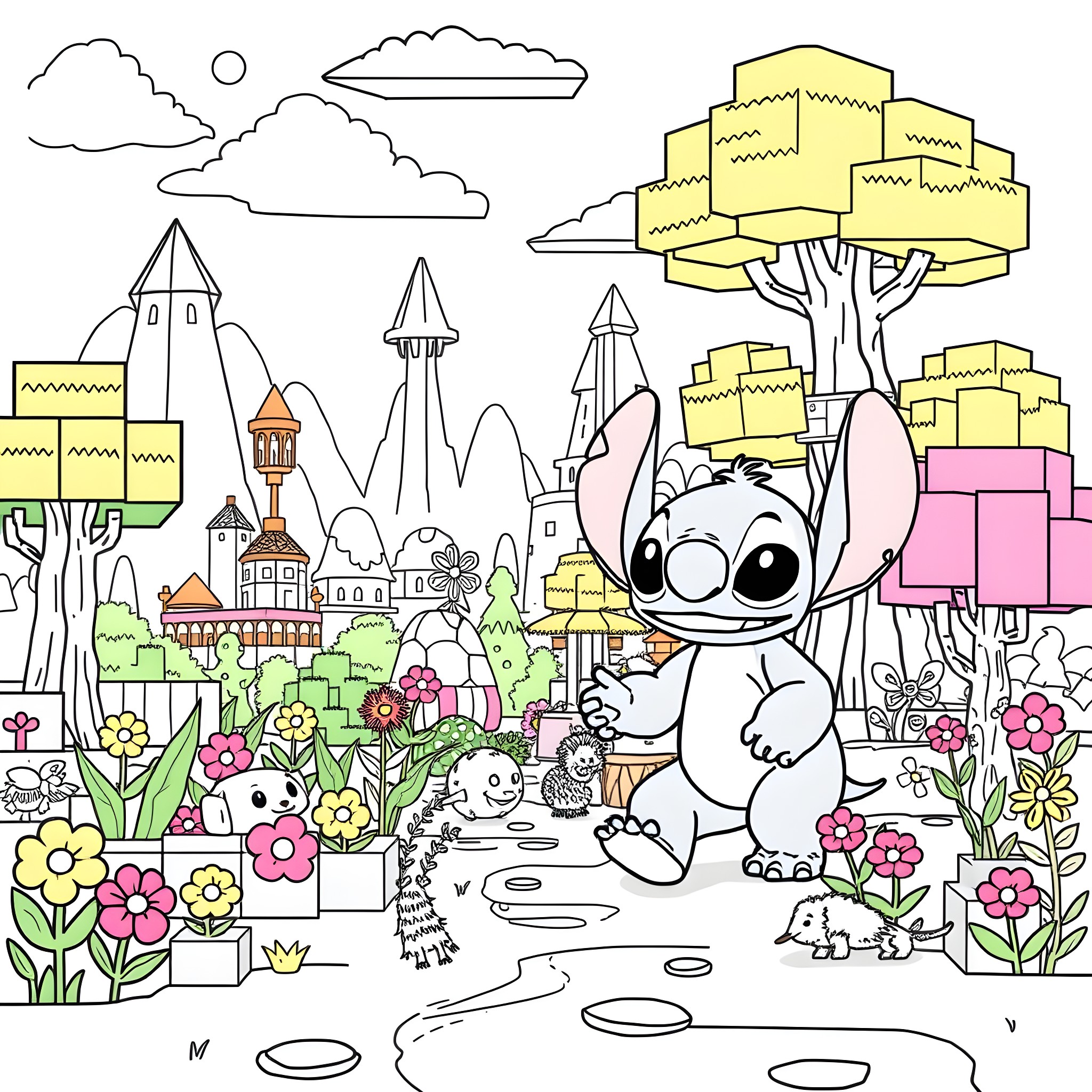Lilo And Stitch Explore a Whimsical, Colorful World Coloring Page (free black-and-white line drawing printable PDF for all, from beginners to advanced learners, including children, teens, adults, and seniors)