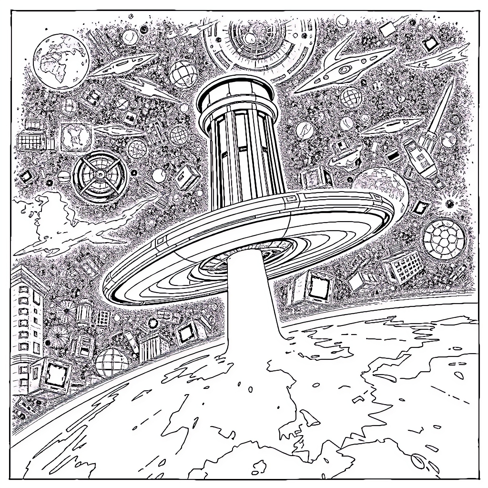 Watchtower amidst cosmic imagery and futuristic landscapes Coloring Page (free black-and-white line drawing printable PDF for all, from beginners to advanced learners, including children, teens, adults, and seniors)