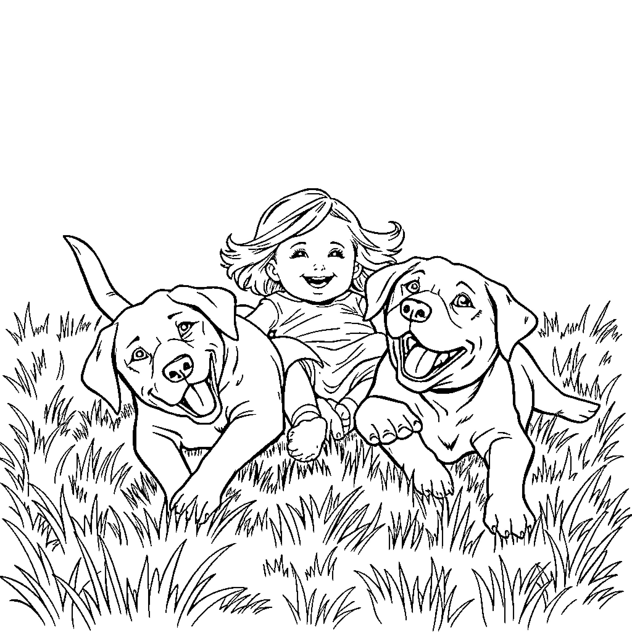 Labrador Retrievers playing joyfully with a young girl Coloring Page (free black-and-white line drawing printable PDF for all, from beginners to advanced learners, including children, teens, adults, and seniors)