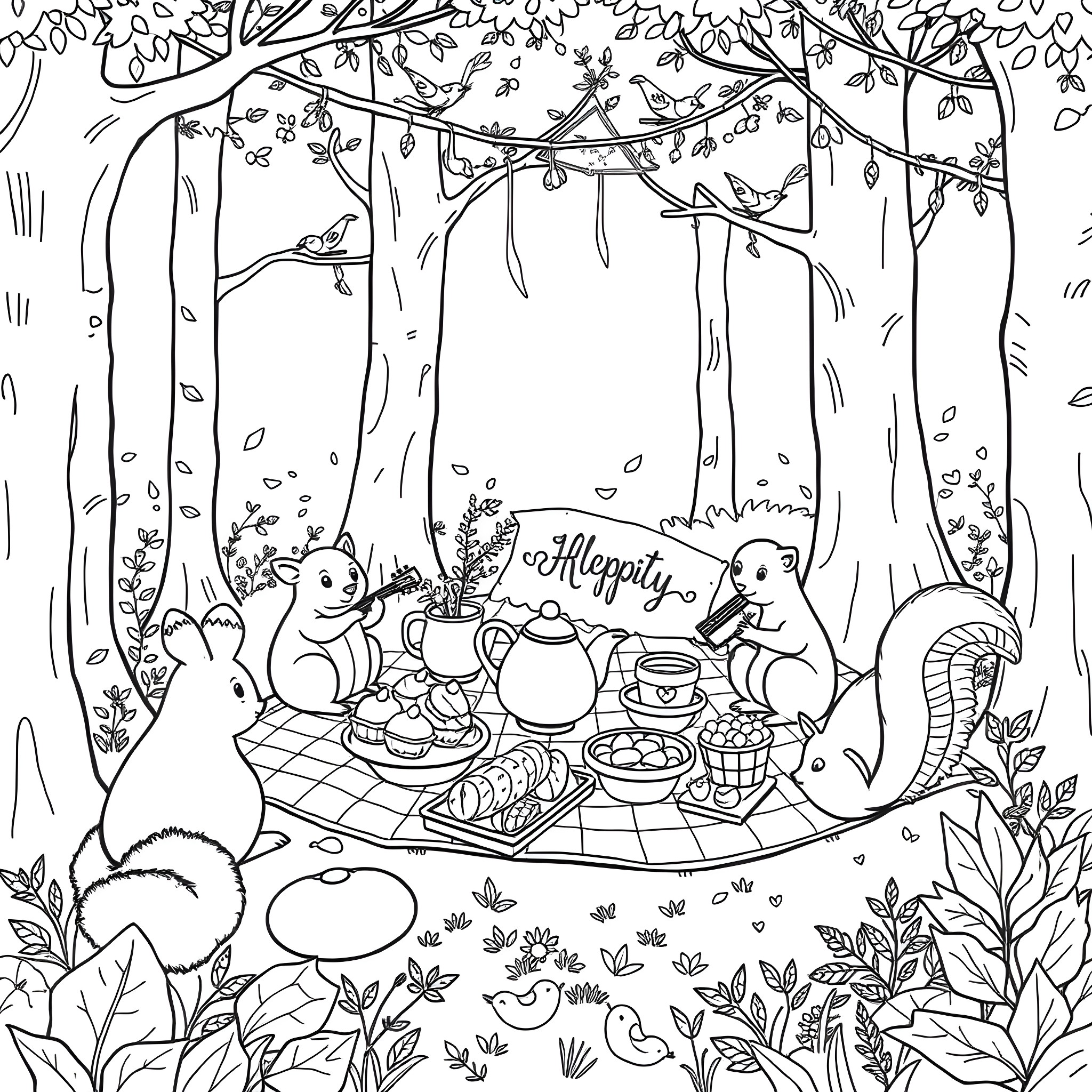 Animal Friends Enjoying a Picnic in the Forest Coloring Page (free black-and-white line drawing printable PDF for all, from beginners to advanced learners, including children, teens, adults, and seniors)