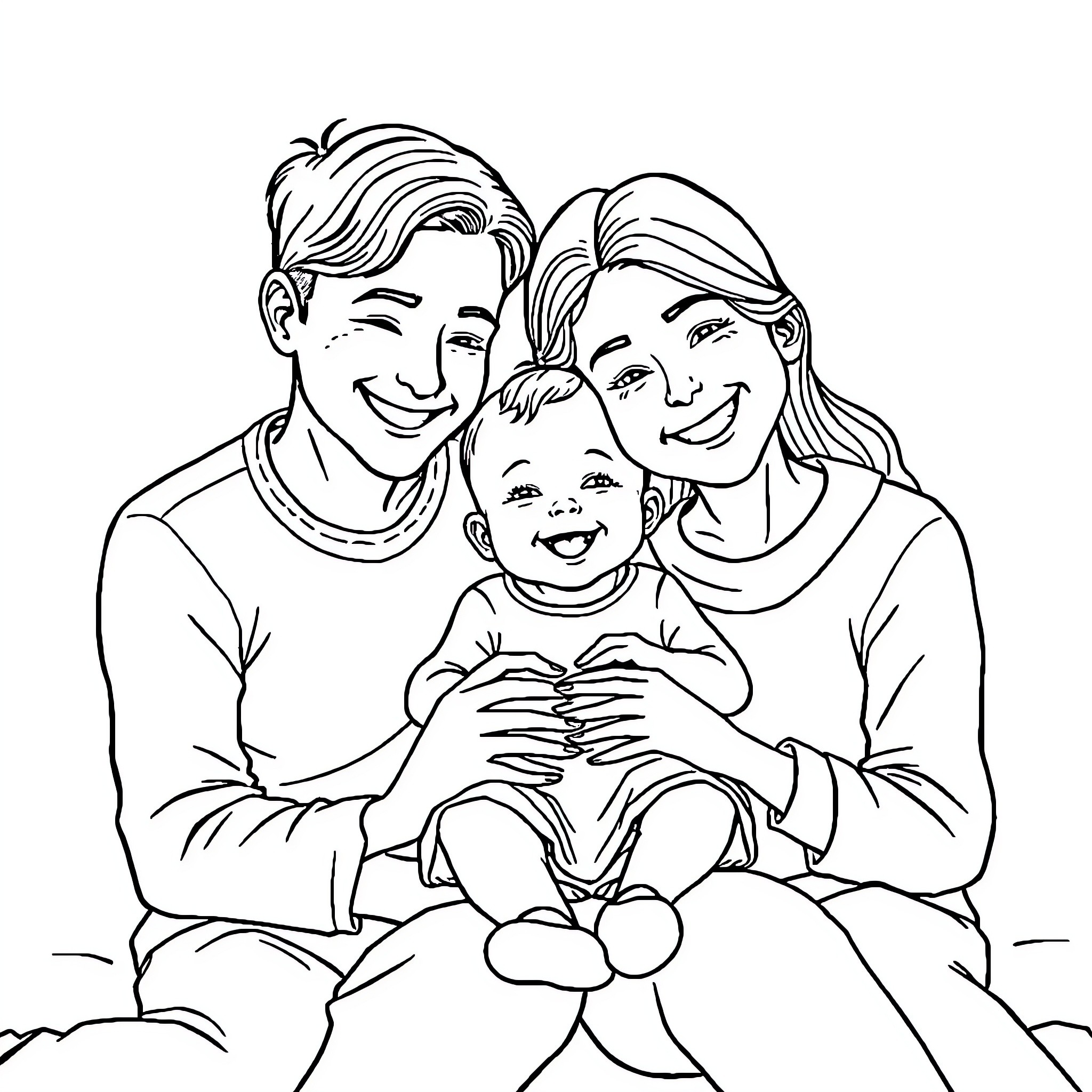 Family portrait of joyful parents and child Coloring Page (free black-and-white line drawing printable PDF for all, from beginners to advanced learners, including children, teens, adults, and seniors)