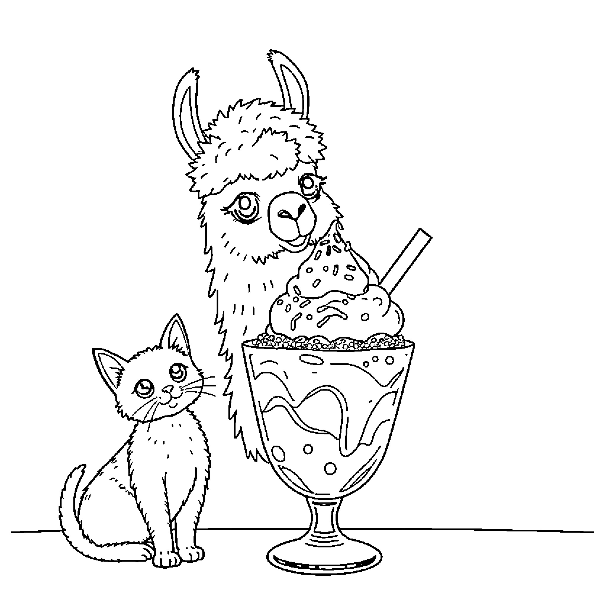 Llama and cat enjoying ice cream treat Coloring Page (free black-and-white line drawing printable PDF for all, from beginners to advanced learners, including children, teens, adults, and seniors)