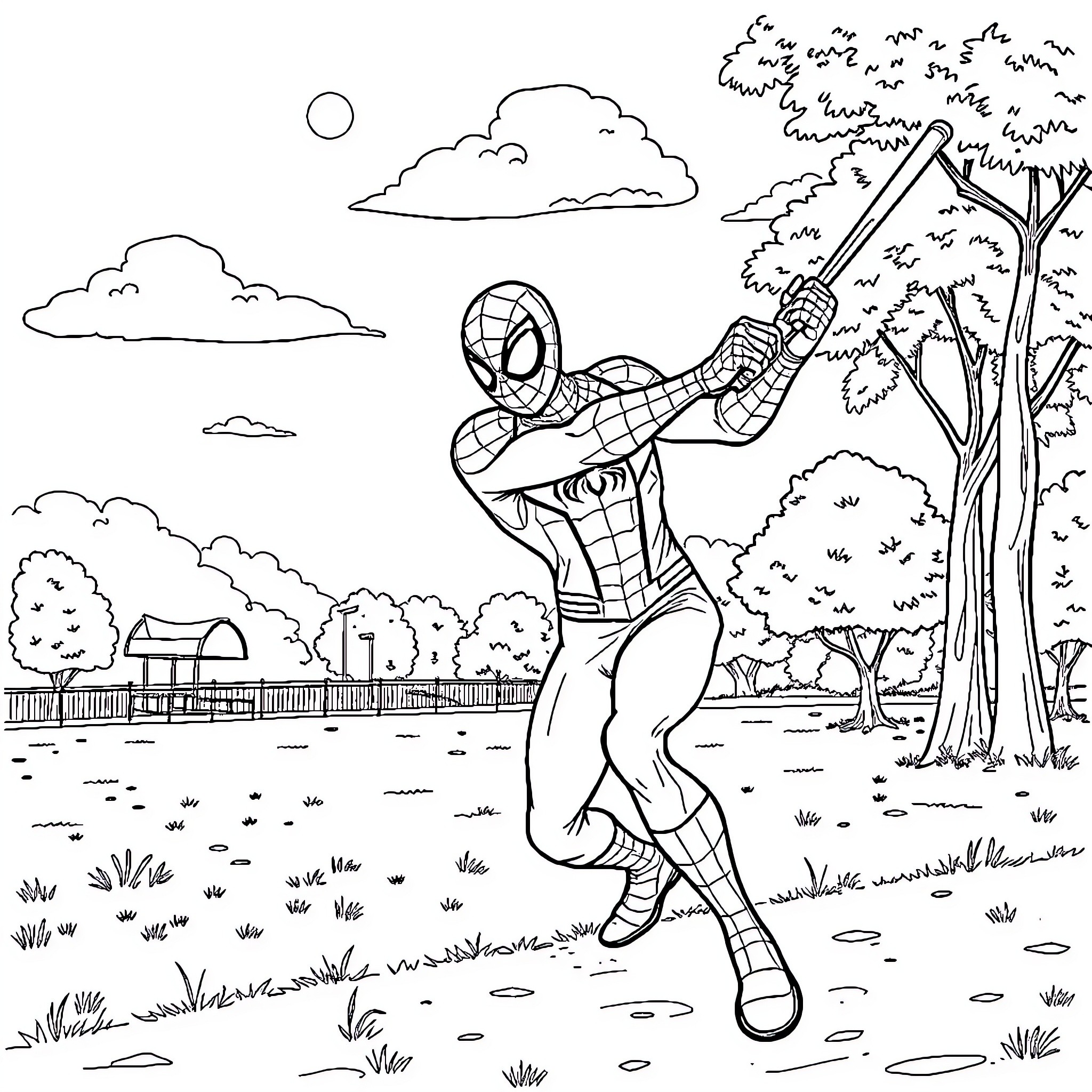 Spiderman exploring the outdoors in action Coloring Page (free black-and-white line drawing printable PDF for all, from beginners to advanced learners, including children, teens, adults, and seniors)
