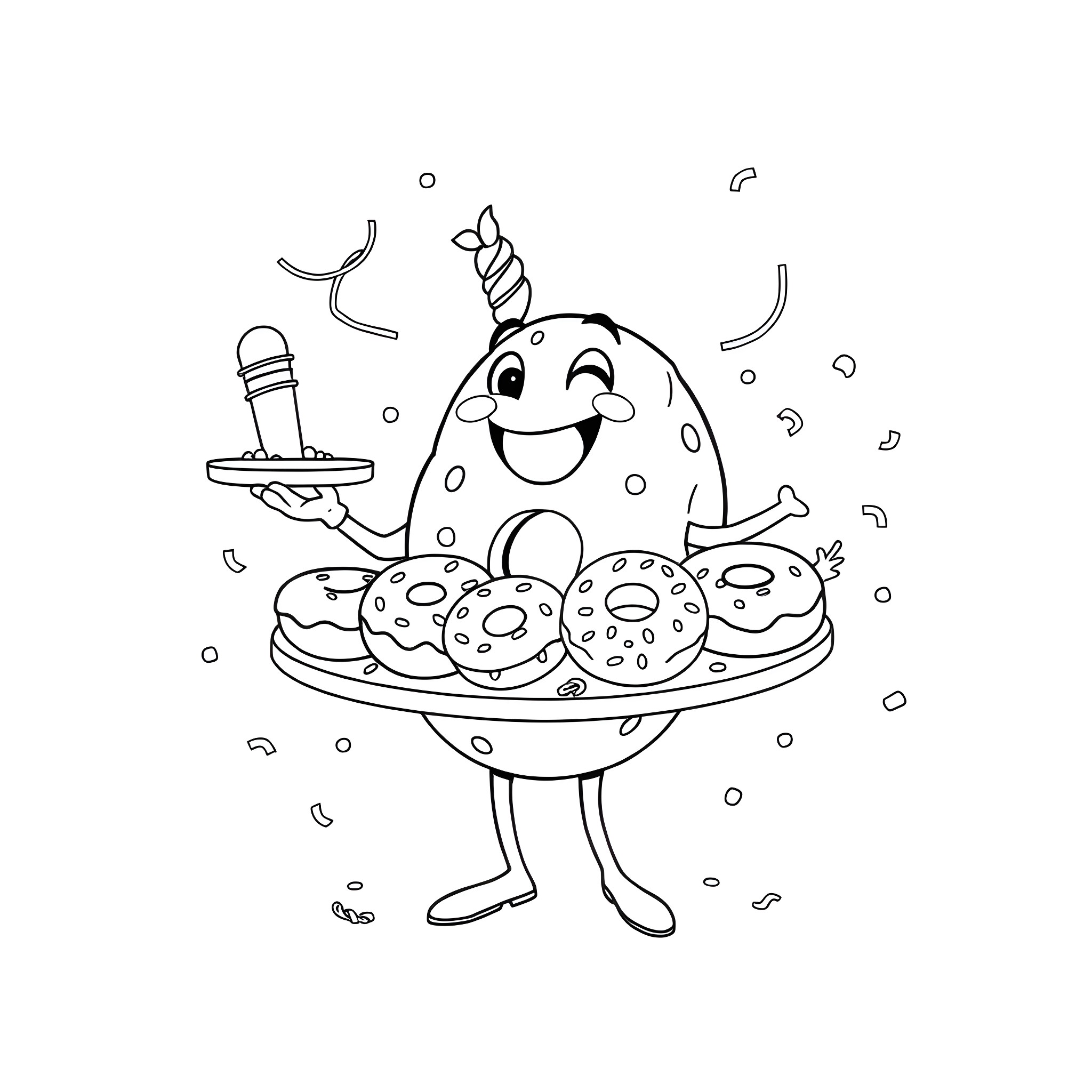 Doughnut enjoying a plate of delicious treats Coloring Page (free black-and-white line drawing printable PDF for all, from beginners to advanced learners, including children, teens, adults, and seniors)