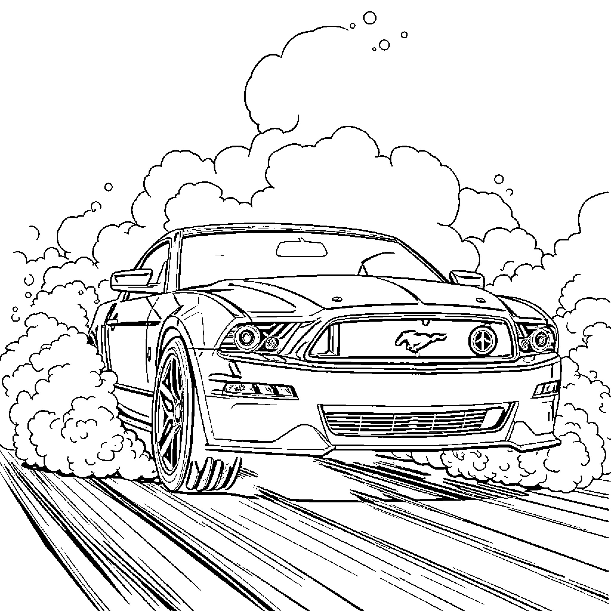 Mustang racing along a winding road through the clouds Coloring Page (free black-and-white line drawing printable PDF for all, from beginners to advanced learners, including children, teens, adults, and seniors)