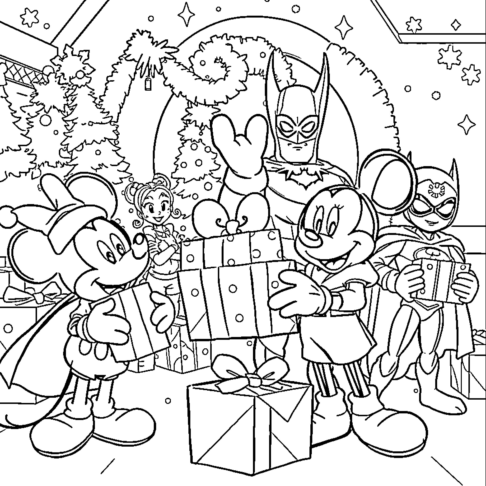 Mickey Mouse and Friends Celebrate Christmas Together Coloring Page (free black-and-white line drawing printable PDF for all, from beginners to advanced learners, including children, teens, adults, and seniors)