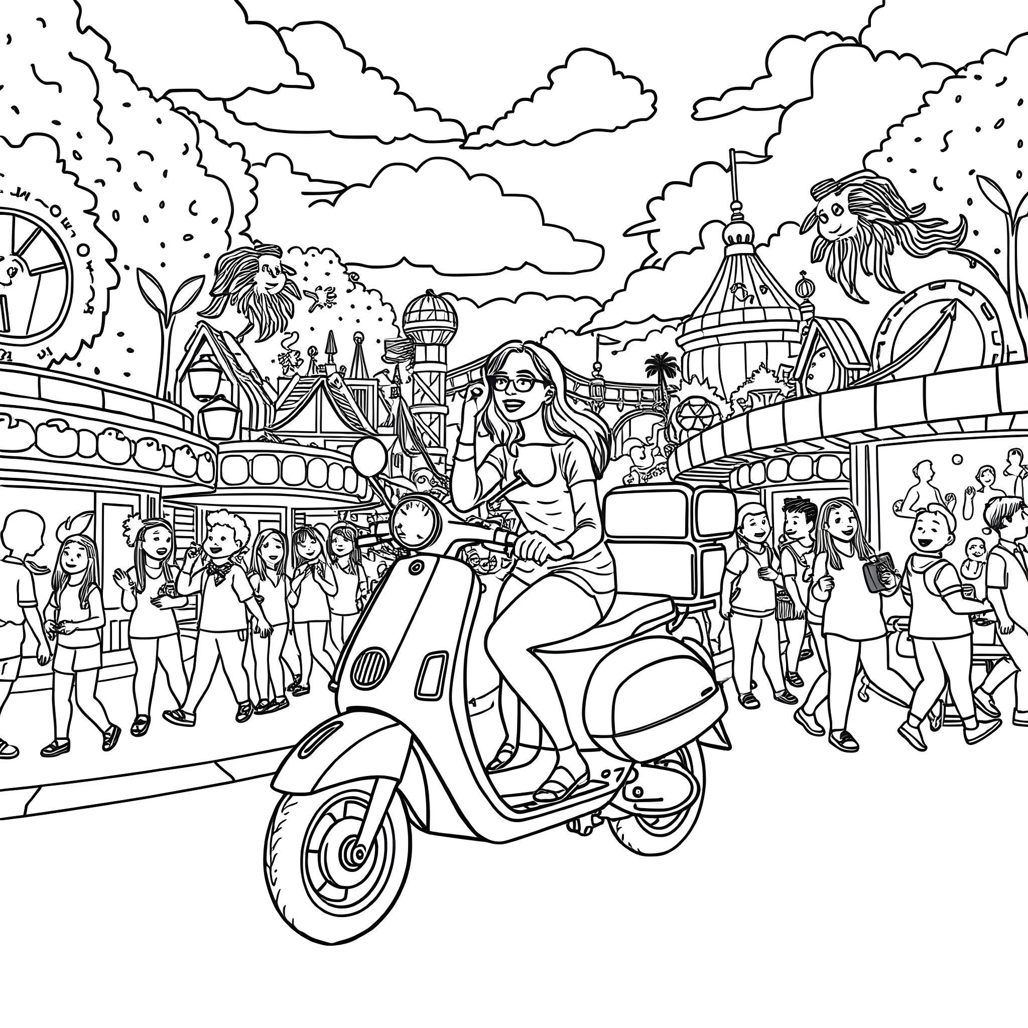 Woman on a scooter in a lively amusement park Coloring Page (free black-and-white line drawing printable PDF for all, from beginners to advanced learners, including children, teens, adults, and seniors)
