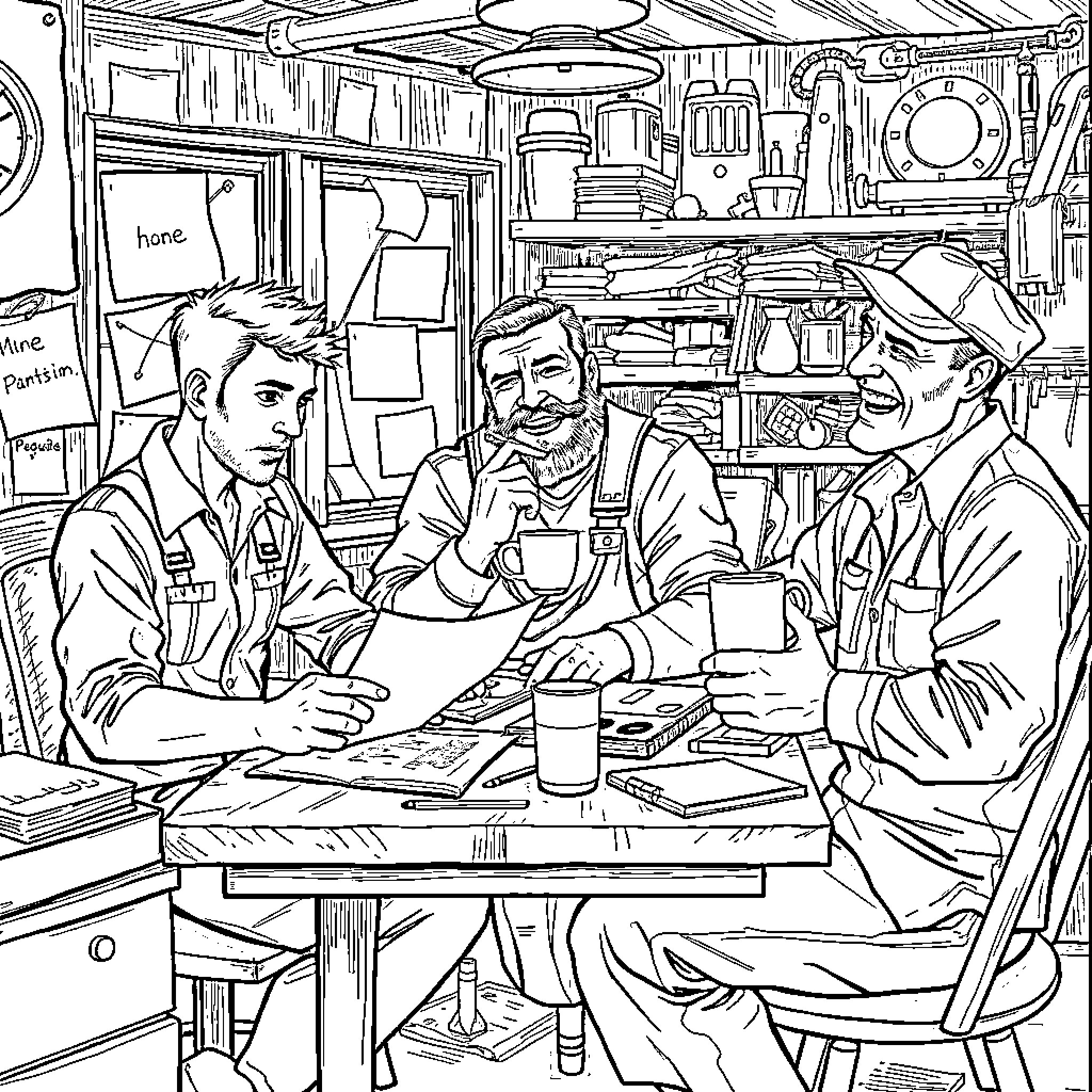 Man discussing plans in cluttered workshop Coloring Page (free black-and-white line drawing printable PDF for all, from beginners to advanced learners, including children, teens, adults, and seniors)