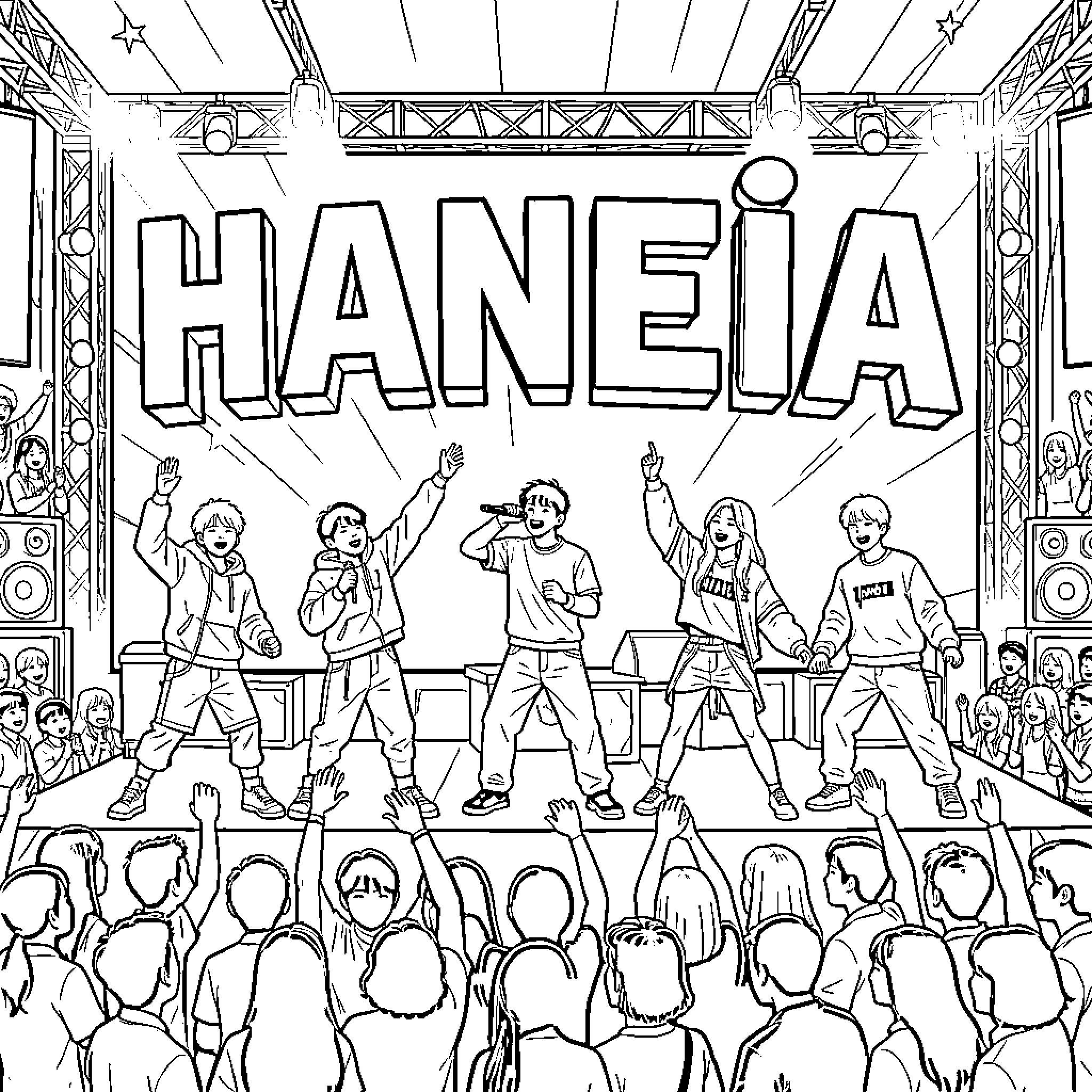 Kpop group performing energetic songs on a concert stage Coloring Page (free black-and-white line drawing printable PDF for all, from beginners to advanced learners, including children, teens, adults, and seniors)