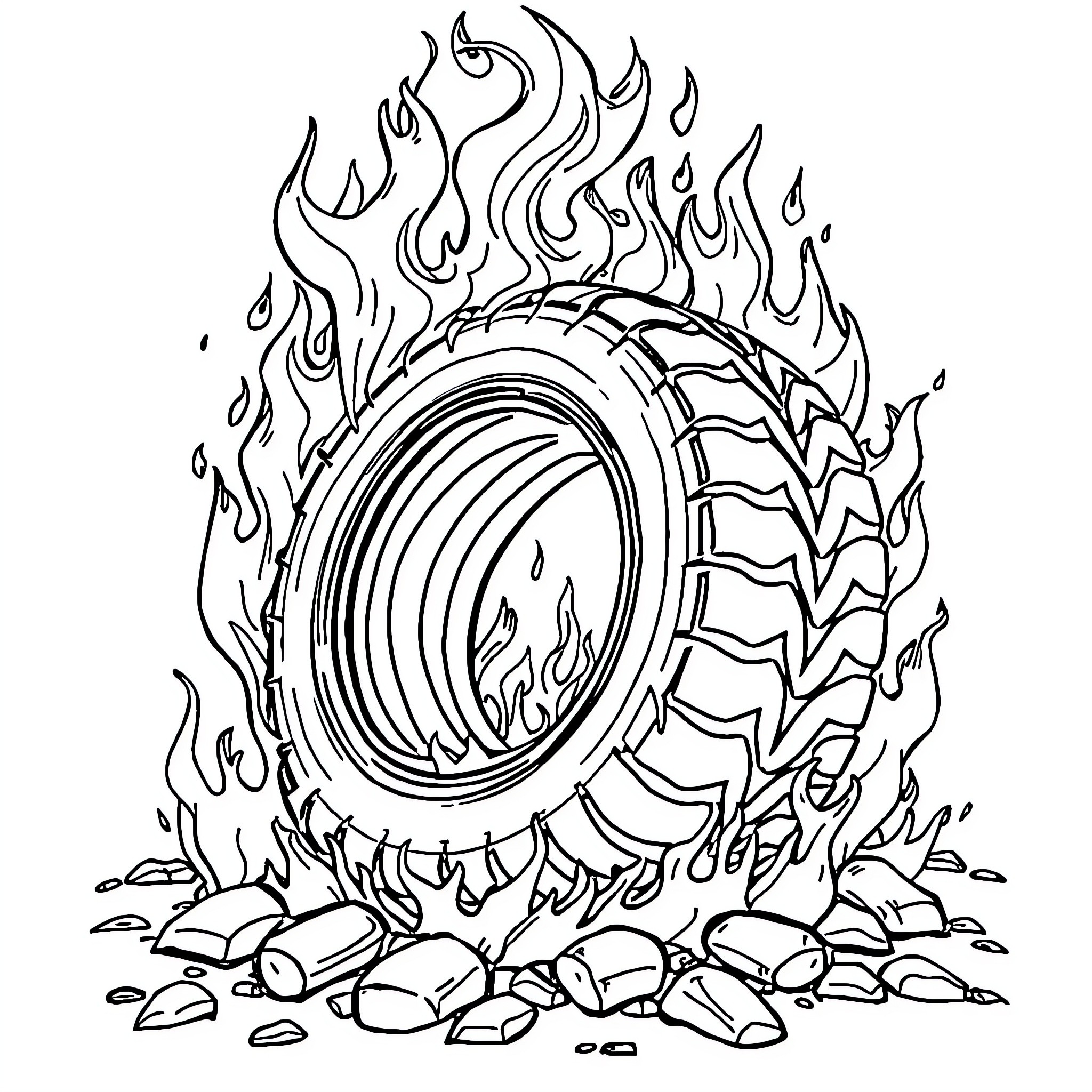 Tire surrounded by flames and rubble Coloring Page (free black-and-white line drawing printable PDF for all, from beginners to advanced learners, including children, teens, adults, and seniors)